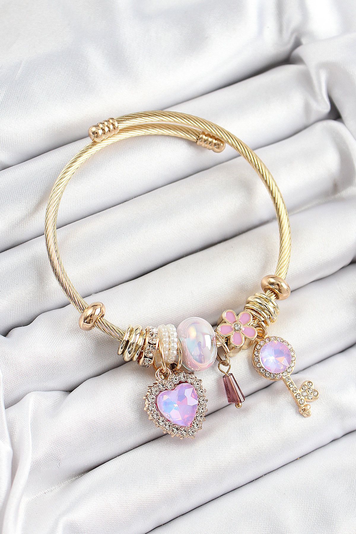 Clariss 316L Çelik Mor Zirkon Taşlı Anahtar Ve Kalp Model Gold Renk Charm Bileklik