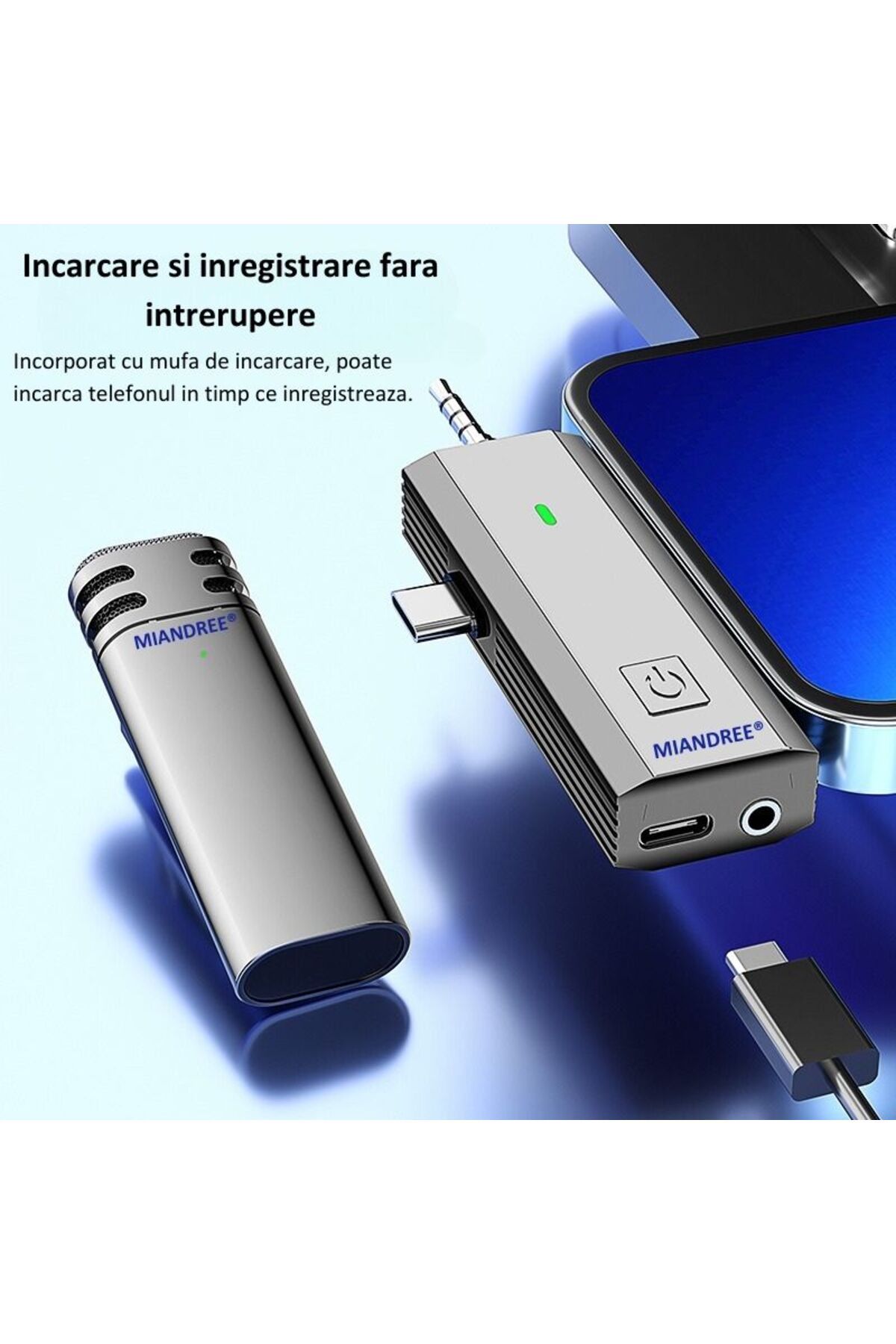 MIANDREE-Set 2 Microfoane Profesionale Lavaliera, MIANDREE®, USB C, 3.5 Jack, Lightning, WiFi, 2.4 GHz 2