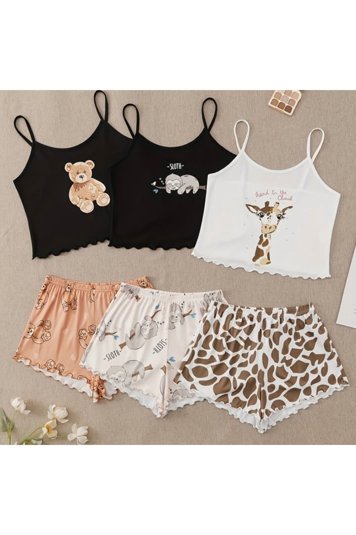 PEMBİŞ HOMEWEAR Bear Sloth Read in The Cloud 3 Lü Şort Takımı