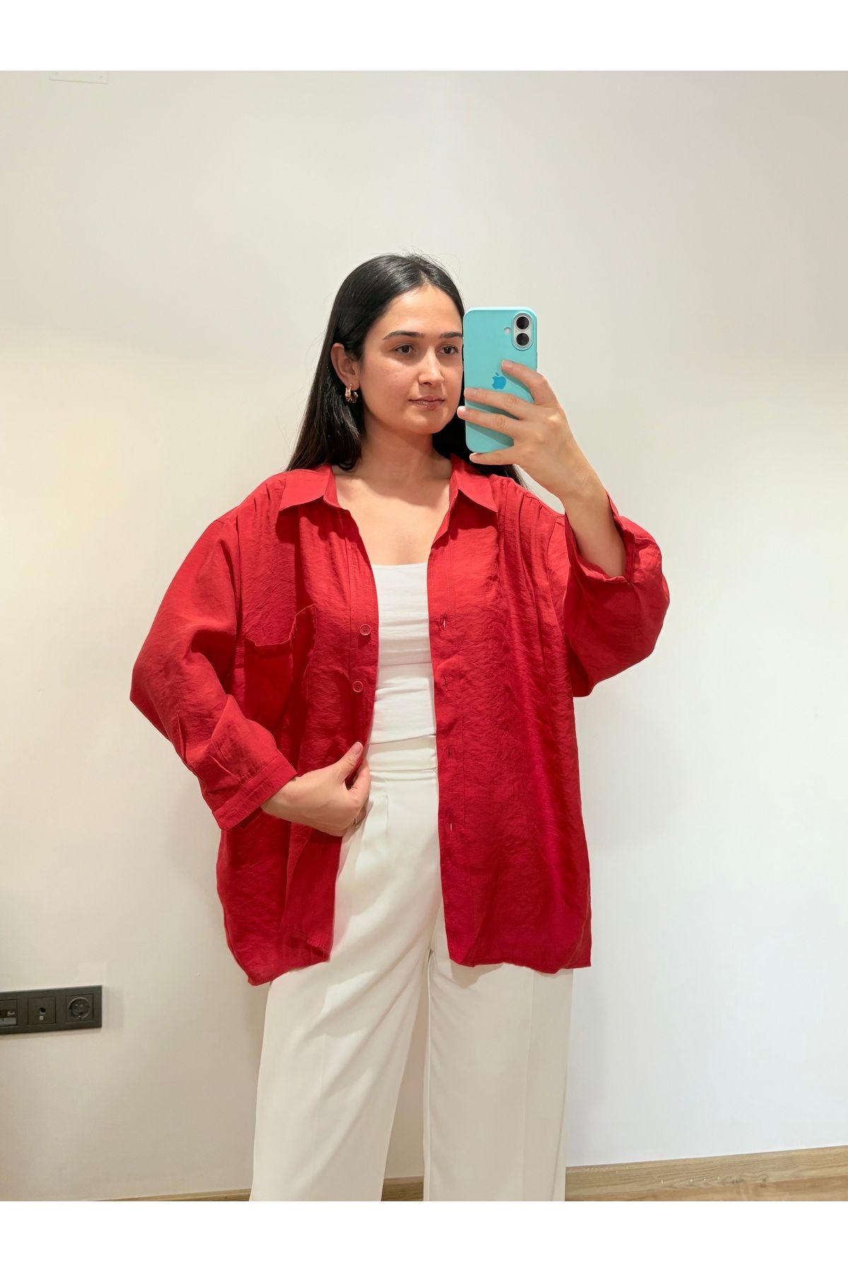fikoşş Kadın Oversize Düşük Omuz Kırmızı Gömlek