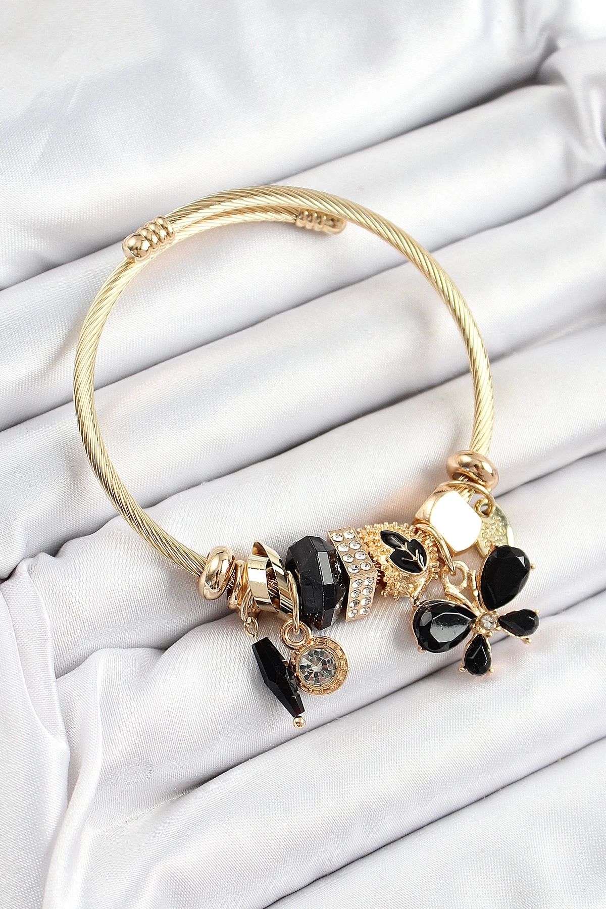 GLIMMERY 316L Çelik Siyah Zirkon Taşlı Kelebek Model Gold Renk Charm Bileklik