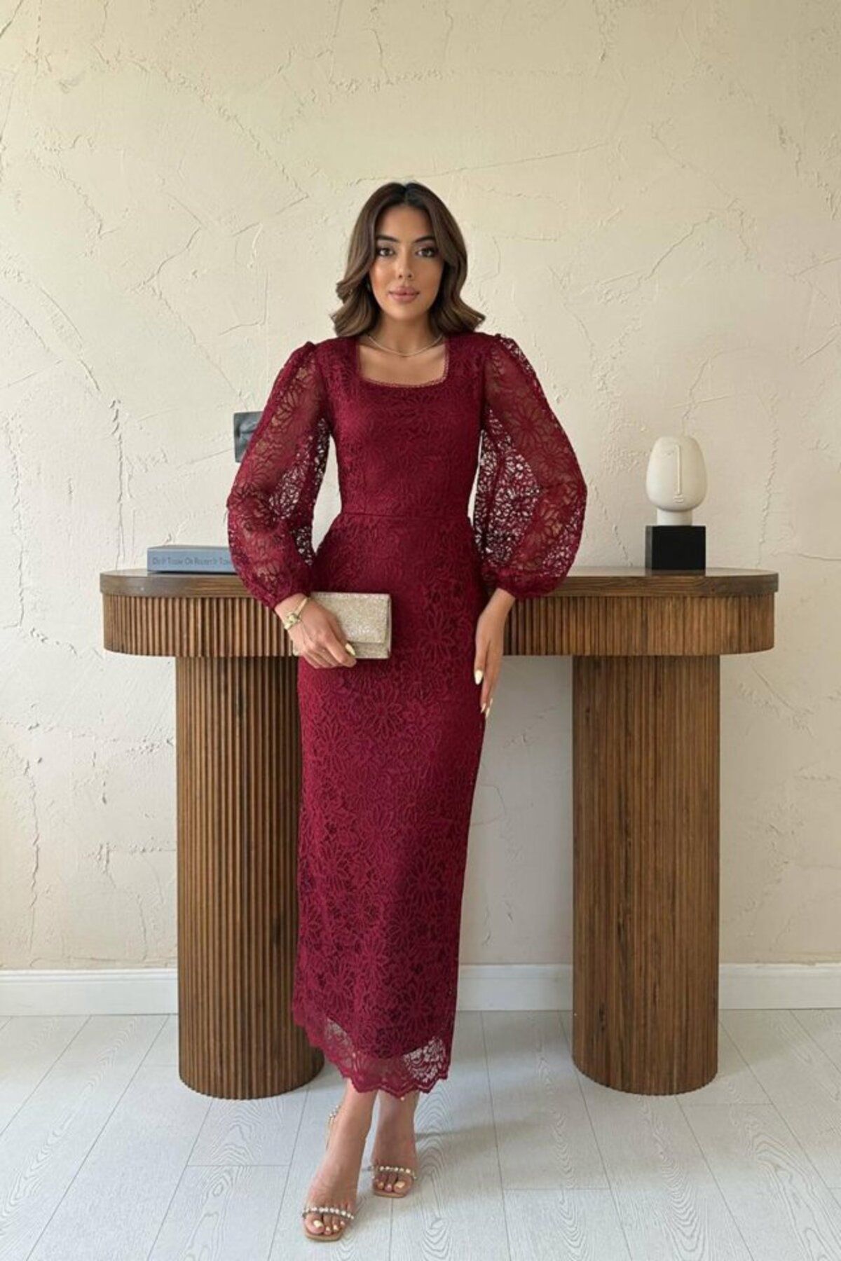 ETİLER COLLECTION Bordo Güpür Detaylı Dantel Elbise