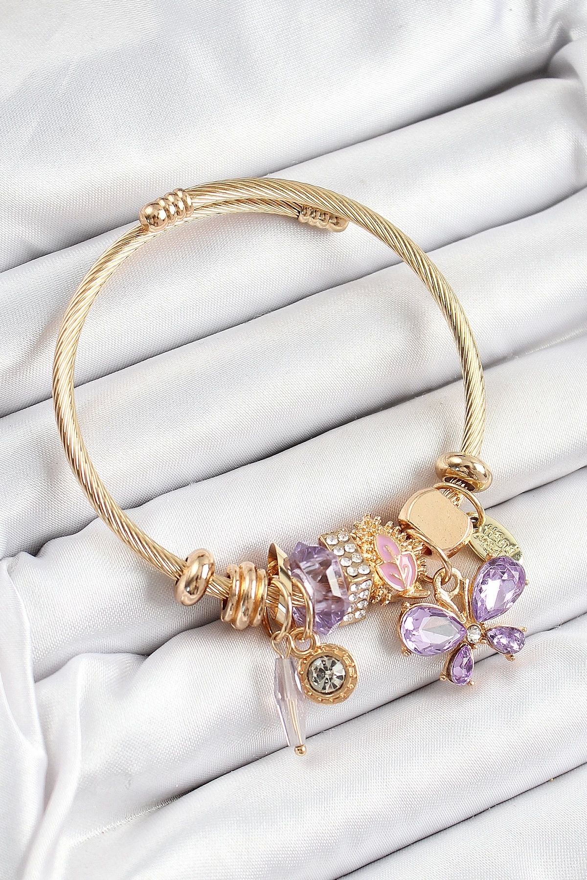 GLIMMERY 316L Çelik Mor Zirkon Taşlı Kelebek Model Gold Renk Charm Bileklik