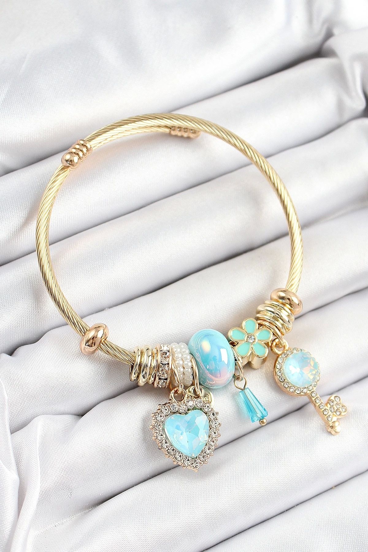 GLIMMERY 316L Çelik Mavi Zirkon Taşlı Anahtar Ve Kalp Model Gold Renk Charm Bileklik