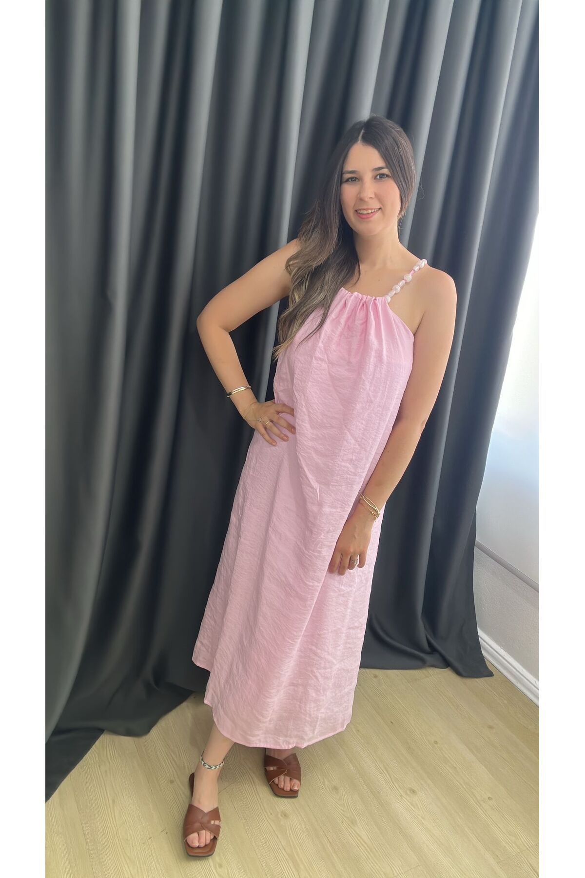 Butik Kadın İp Askılı Uzun Elbise