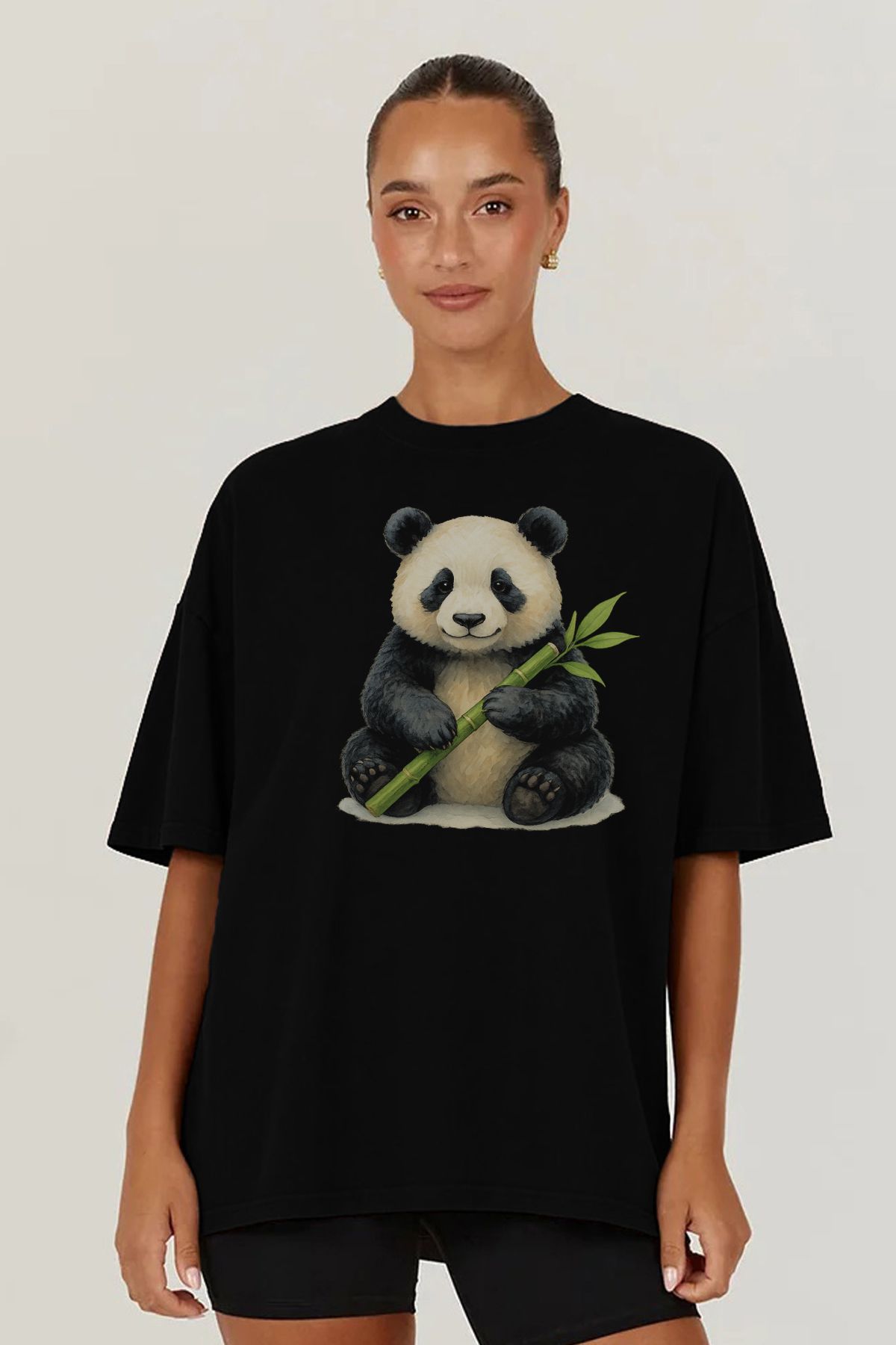MODA Panda Bambu Baskılı Oversize Kalıp Siyah Geniş Bol Kesim Kadın Tişört