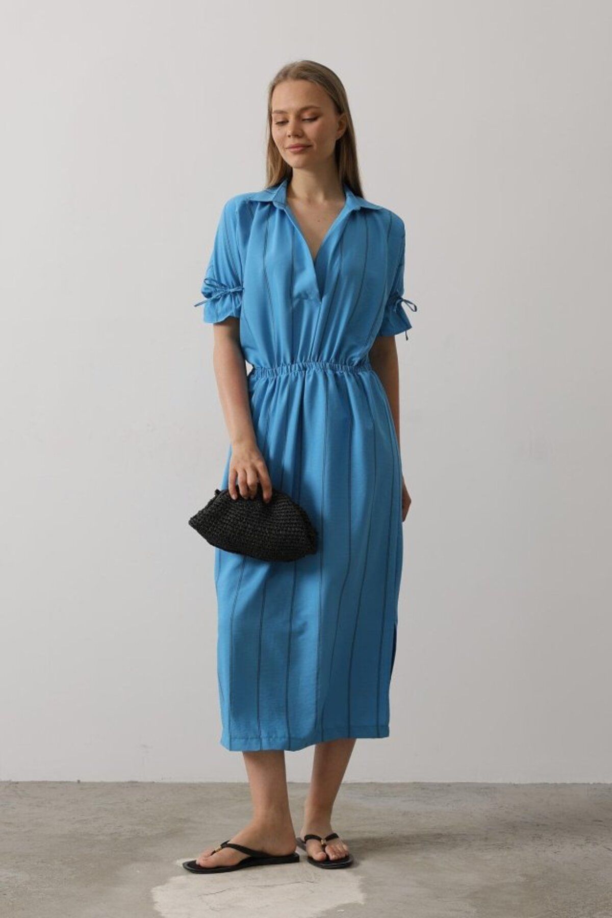 ETİLER COLLECTION Beli Lastikli Elbise - Mavi