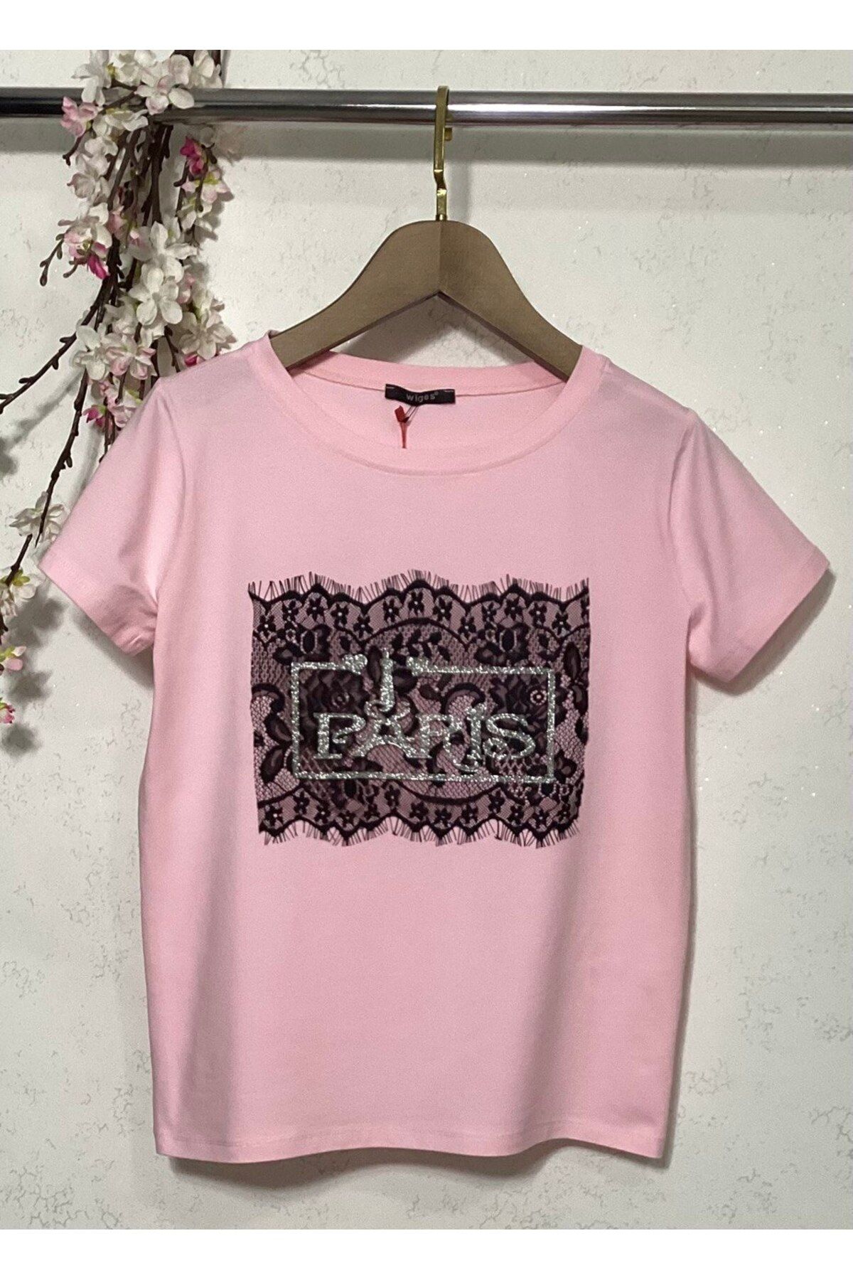 Wiges Kadın Bisiklet Yaka Desenli Özel Tasarım T-shirt
