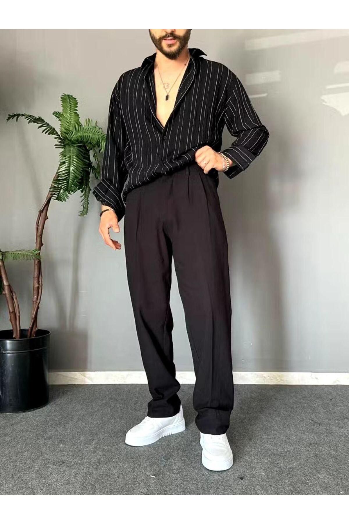 MENOFOURSWEAR Siyah Pileli Baggy Keten Pantolon