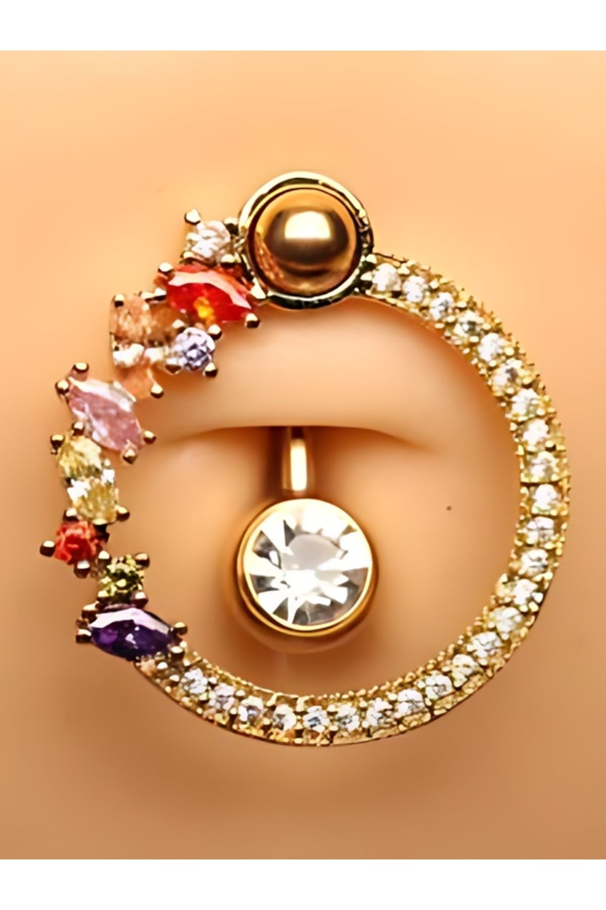 DCPİERCİNG Daire Mod03 Renkli Zirkon Altın Göbek Piercing