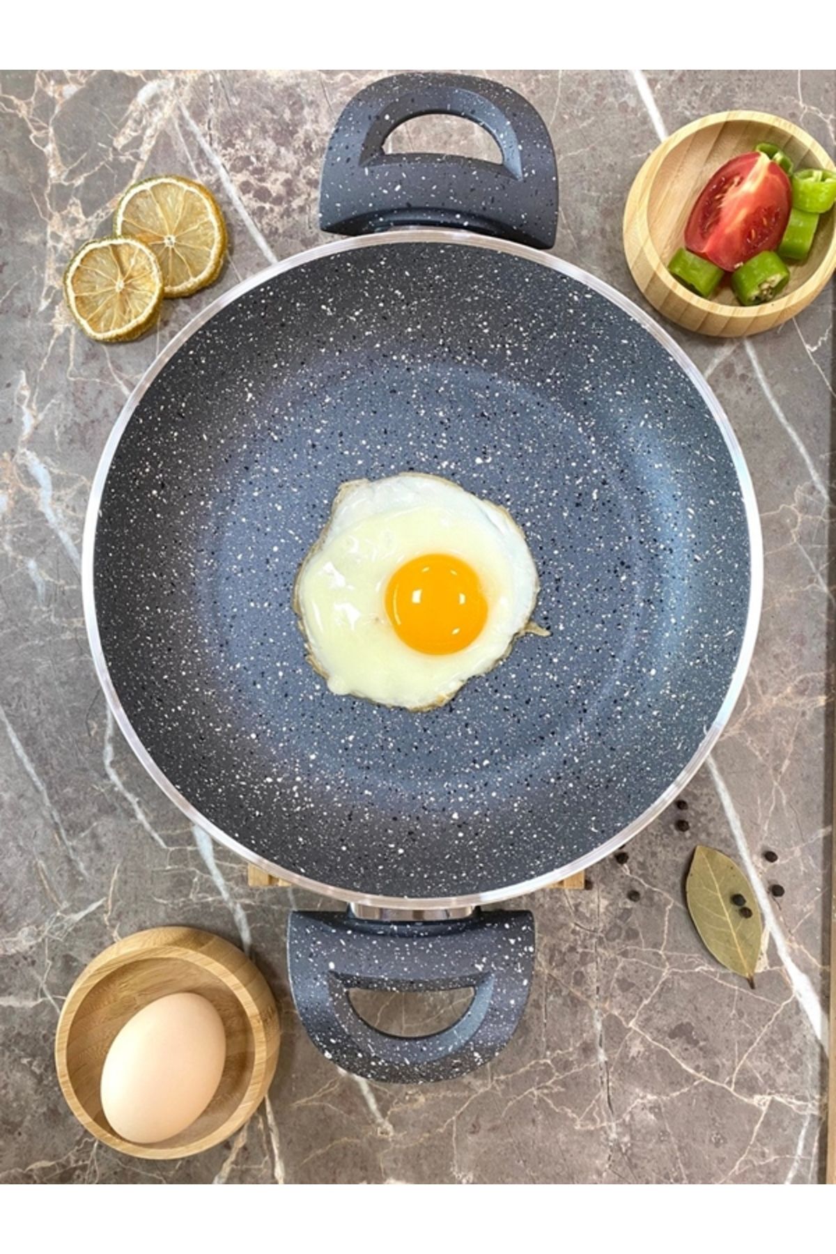 BİODATA 22 cm Çift Kulp Gri Granit Omlet/sahan Tava Seti Süper Kalınlık Yanmaz Yapışmaz Tava Seti
