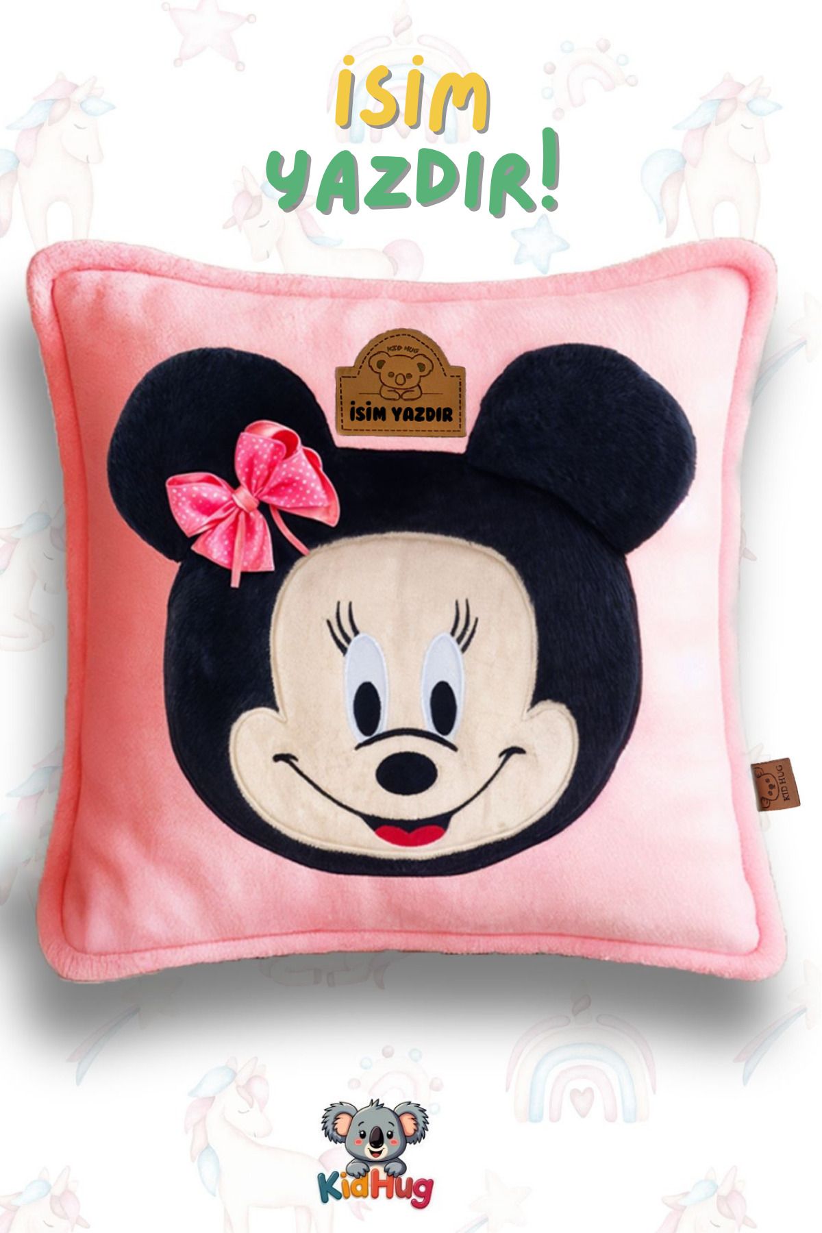 KidHug İsim Yazdır | Minnie Mouse Çocuk Yastık Pembe Çocuk Uyku Arkadaşı Peluş | 40cmx40cm