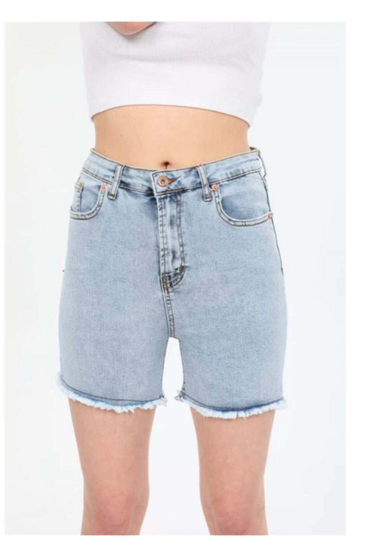 rose tml giyim Kadın Mavi Beş Cepli Paçası Püsküllü Denim Şort