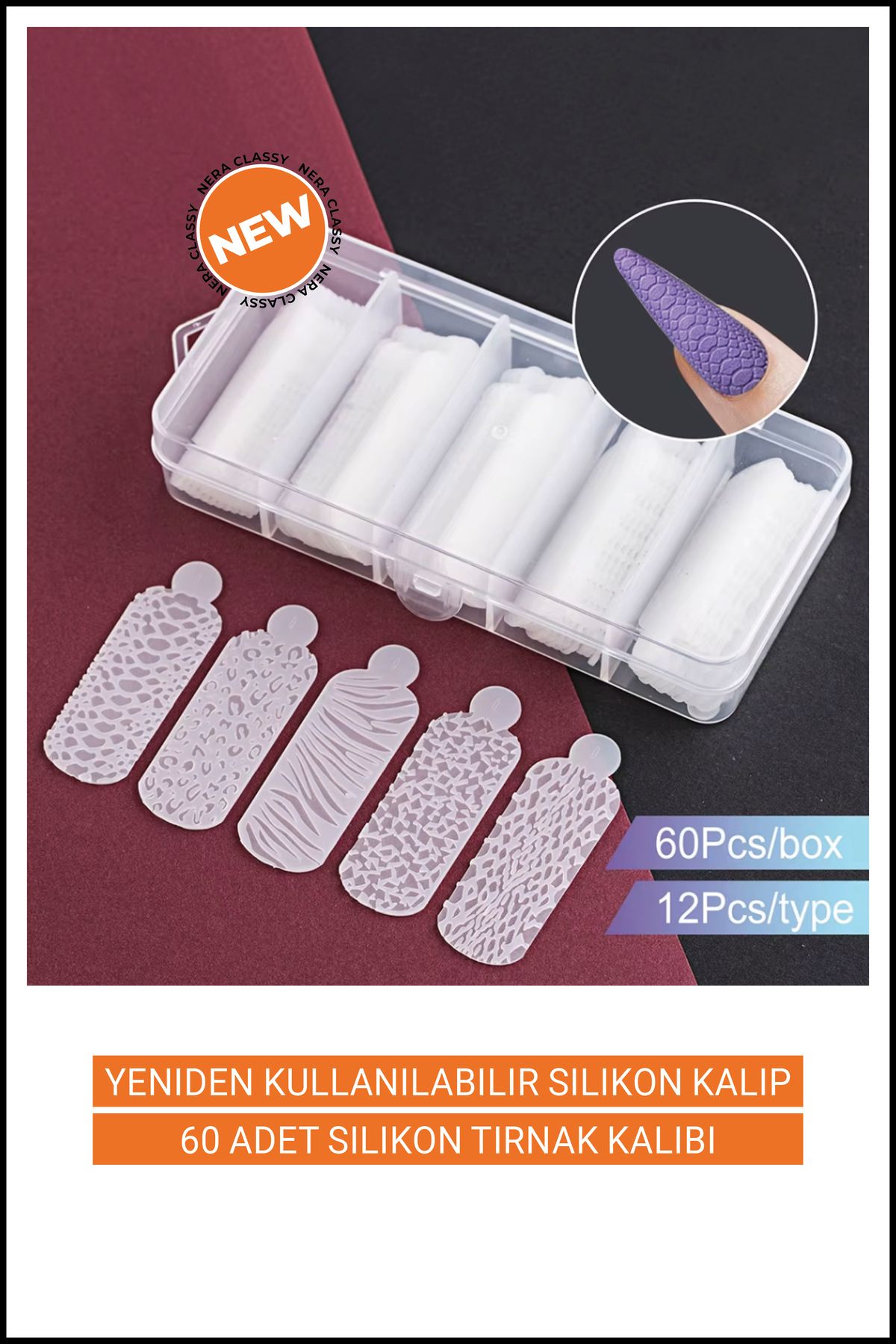 Nera Classy 60 Adet Silikon Tırnak Kalıbı, Şablonu, Silikon Tırnak Formları, Jel Uzatma, Tırnak Sanat Araçları