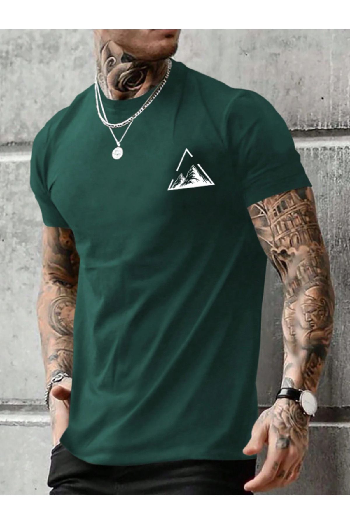 Framgan Erkek ÜÇGEN DAĞ Özel Baskılı Günlük Kısa Kol Bisiklet Yaka Pamuklu T-Shirt
