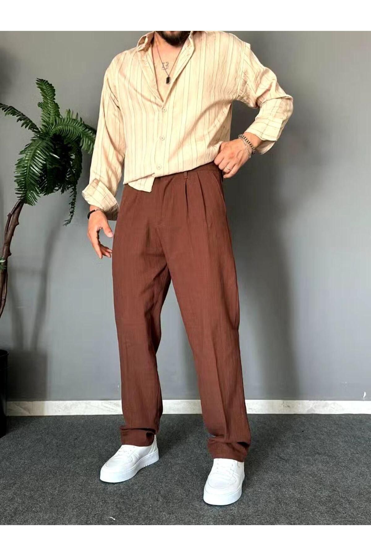 MENOFOURSWEAR Acı Kahve Pileli Baggy Keten Pantolon