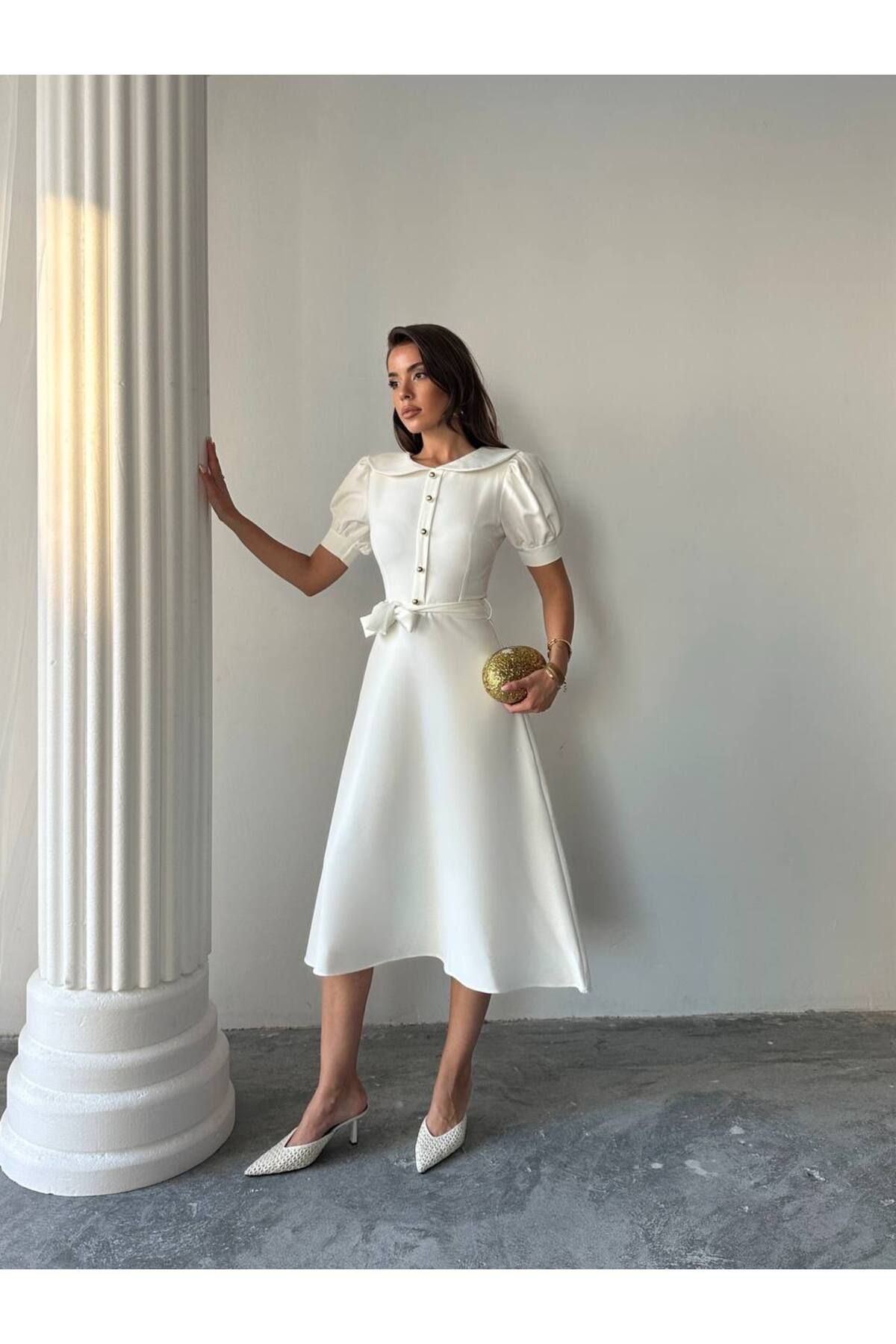 conconmoda Bebe Yaka Gold Düğmeli Atlas Midi Elbise