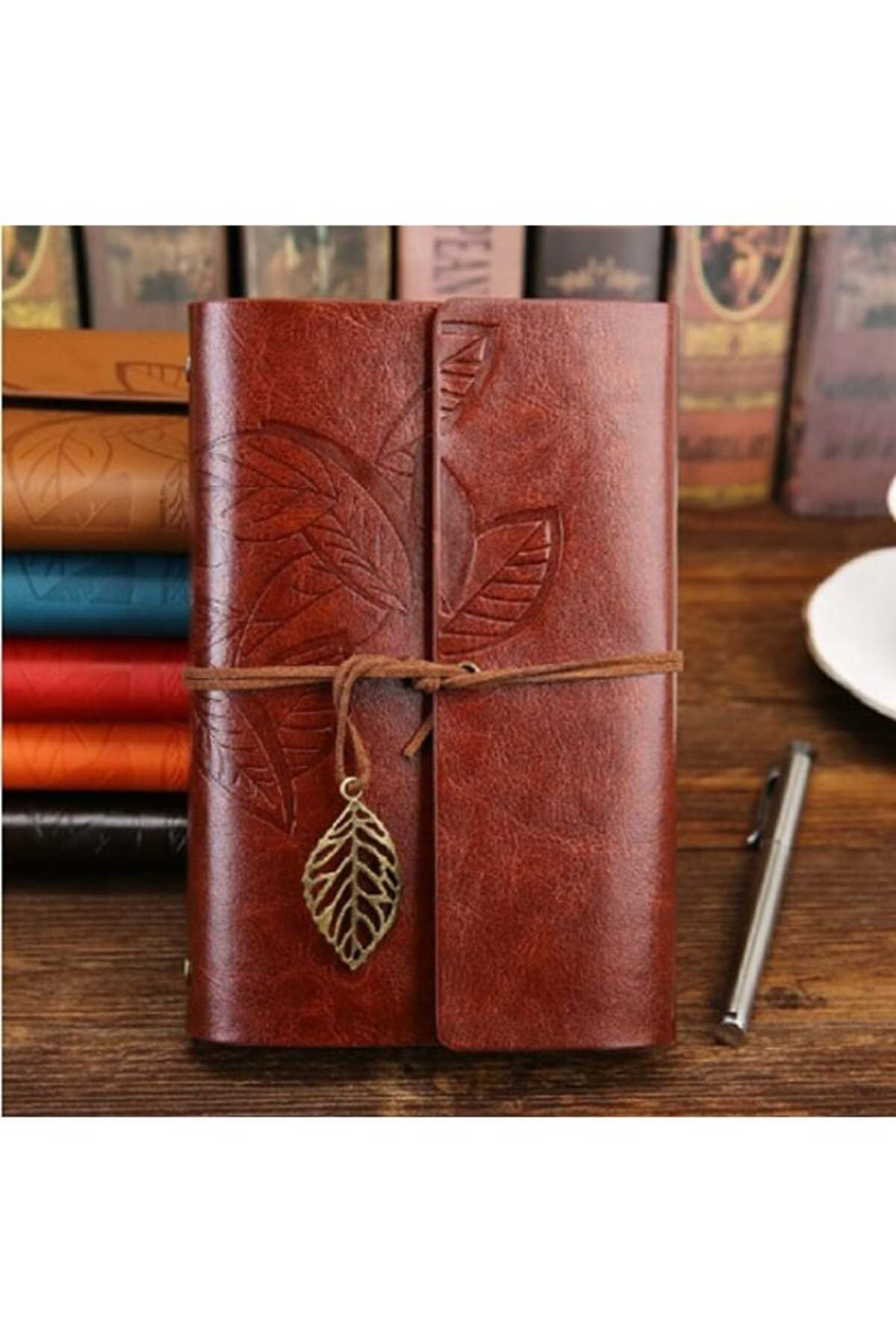 keyfimshop Deri Kapaklı Retro Yaprak Desenli Hatıra Defteri Bordo