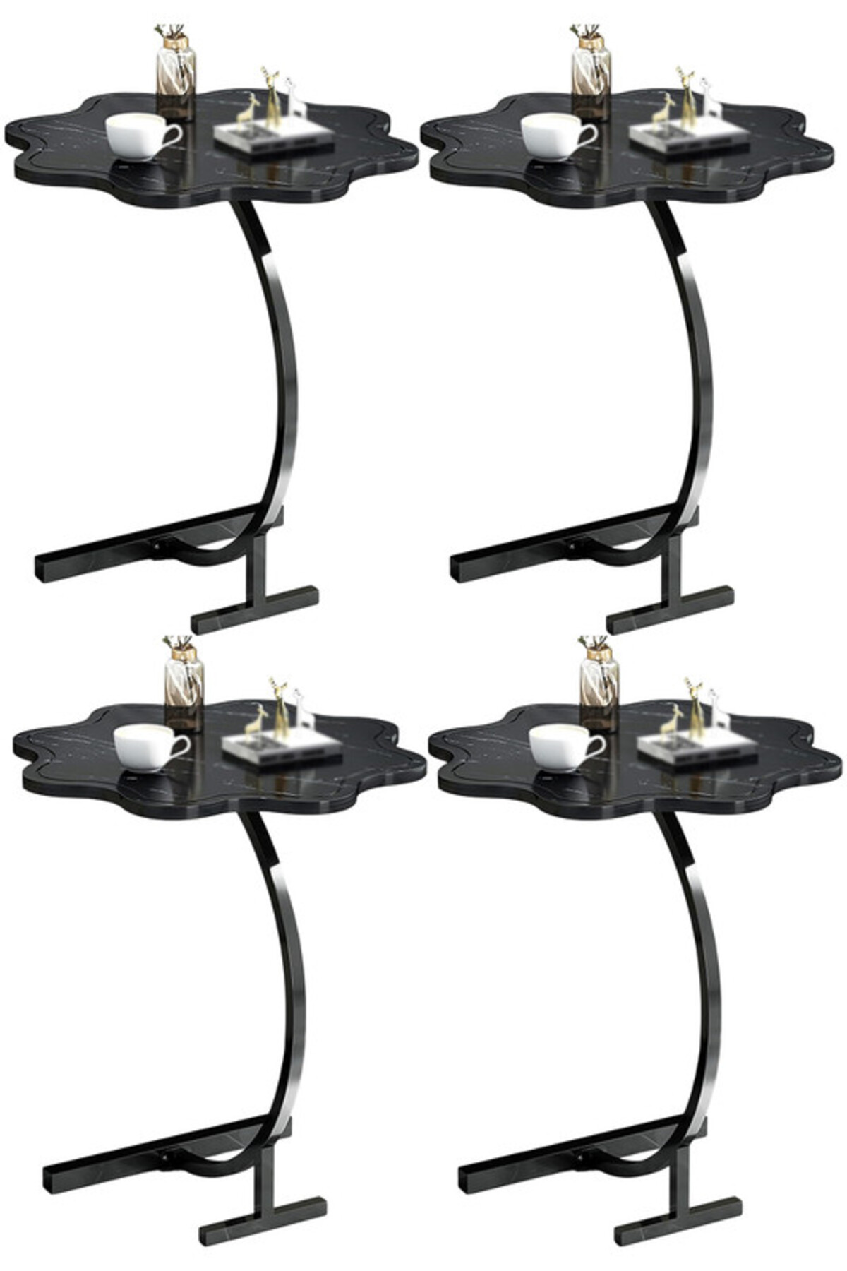 طاولة قهوة عصرية مكونة من 4 قطع وطاولة جانبية على شكل حرف C مع سطح خشبي على شكل زهرة وإطار معدني باللون الأسود