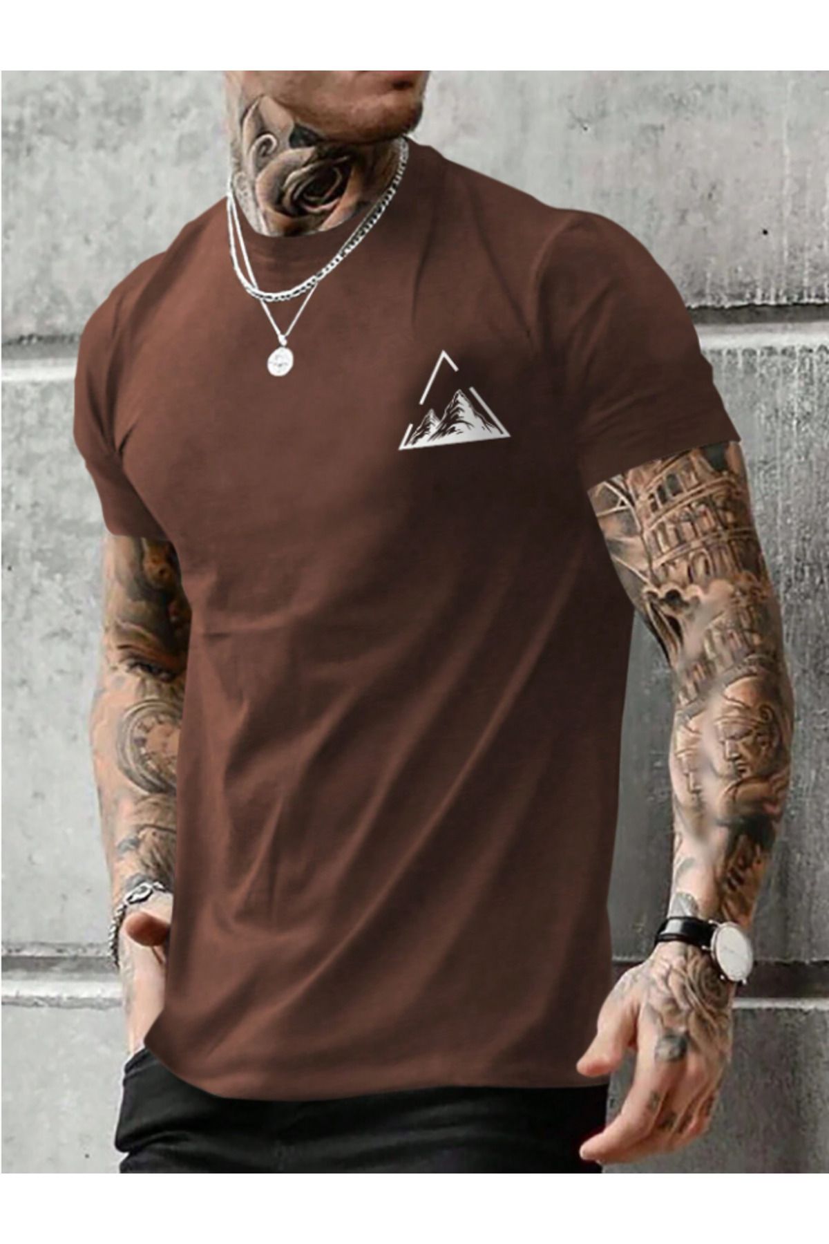 Framgan Erkek ÜÇGEN DAĞ Özel Baskılı Günlük Kısa Kol Bisiklet Yaka Pamuklu T-Shirt