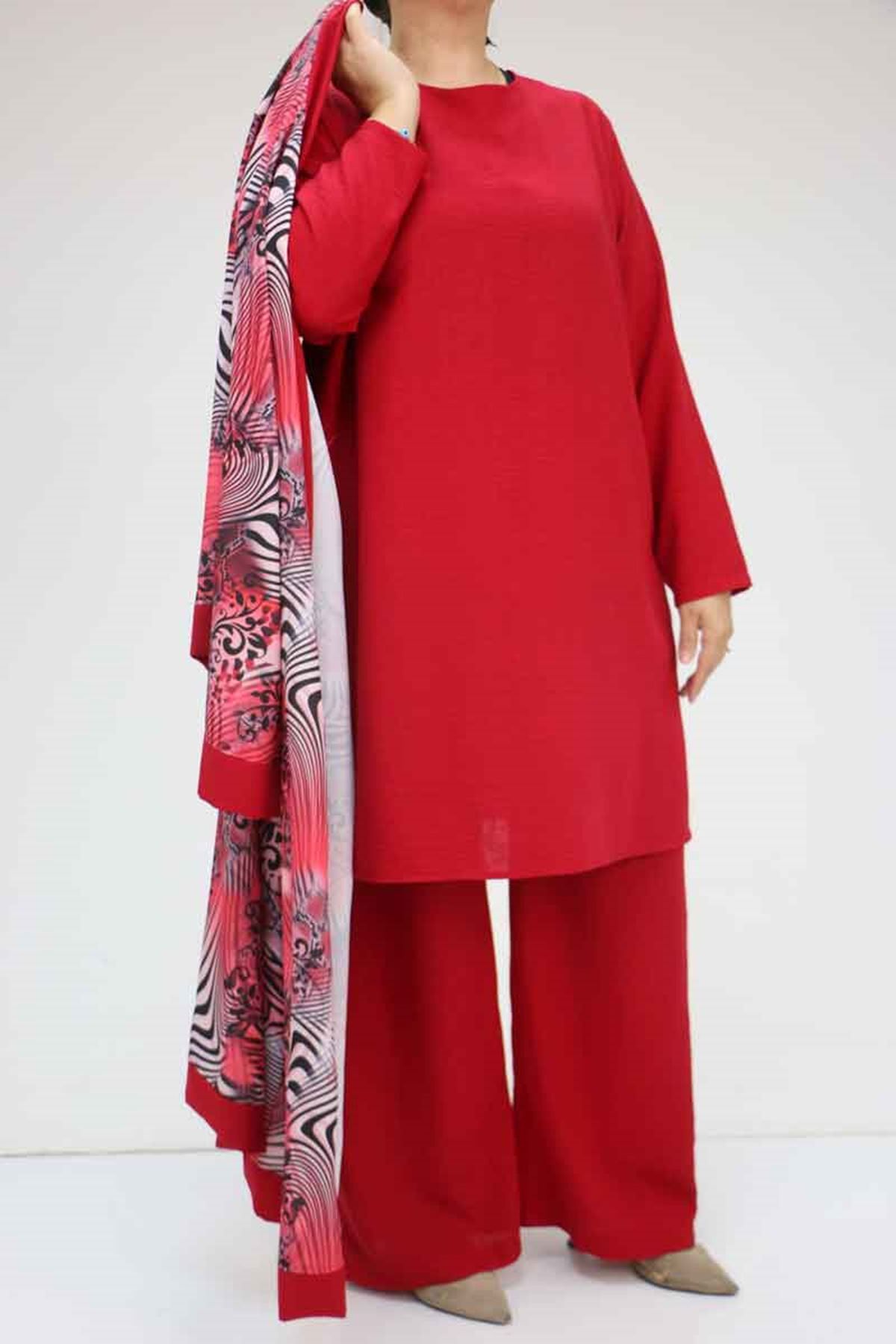 Eslina-57301 Large Size Different Fabric Combination Triple Set - Claret Red 2