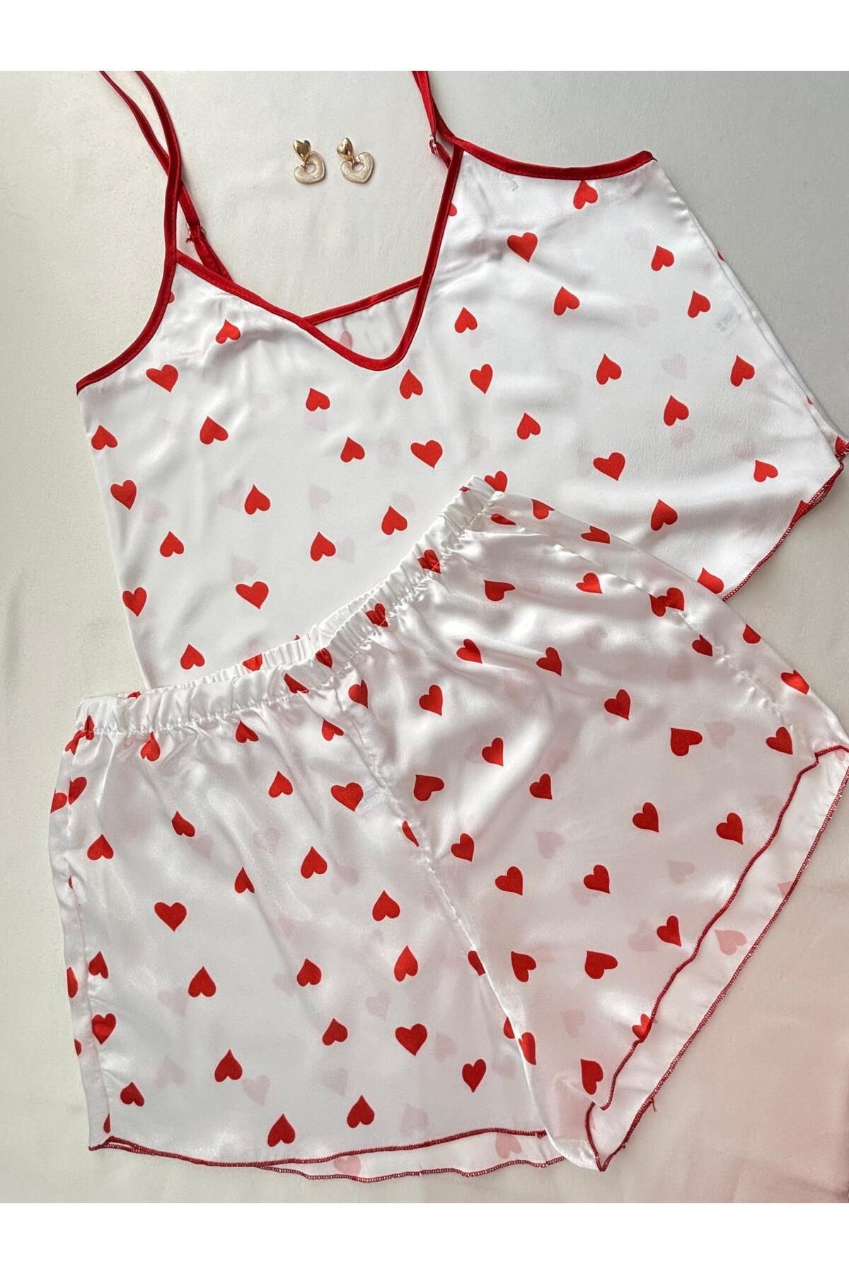 İNKO İÇ GİYİM Kırmızı Kalpli Saten Ayarlanabilir Askılı Şort Pijama Takım