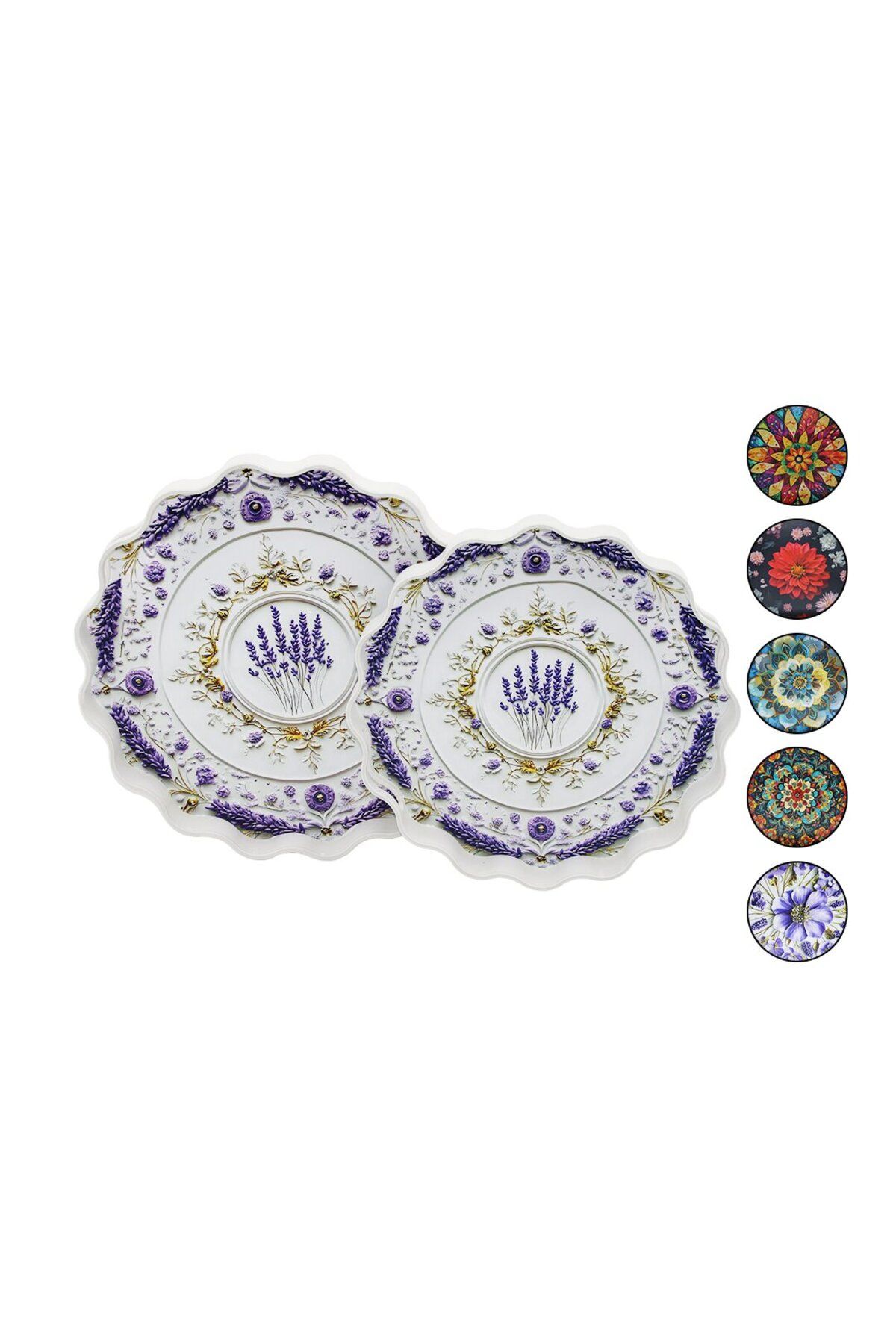 STOREMAX nffastore 2Lİ SET - YUVARLAK PAPATYA TEPSİ KULPLU - RENKLİ DESENLİ 34.5CM - 39CM Star Collecti