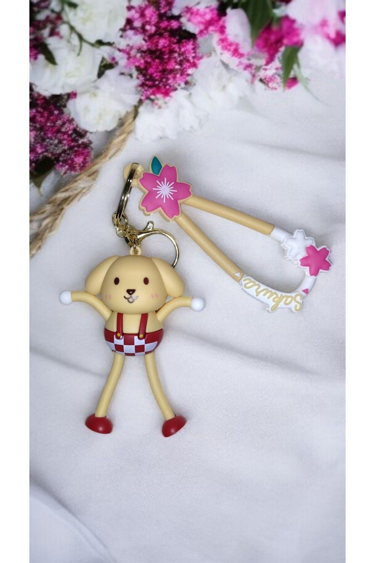 FAMEMUS ACCESSORY 3D Büyük boy Sevimli Köpek Figürlü Anahtarlık – Sakura Temalı ve Çanta Aksesuar