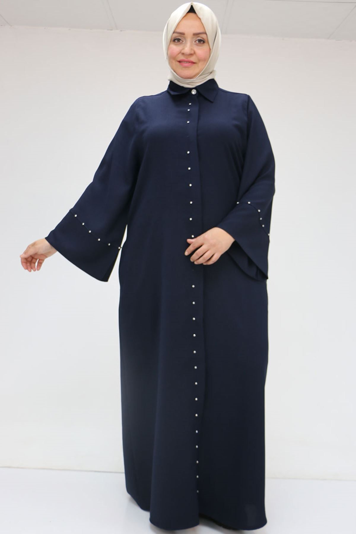 Eslina 56009 Büyük Beden Kol Garnili Etamin Abaya Ferace - Lacivert