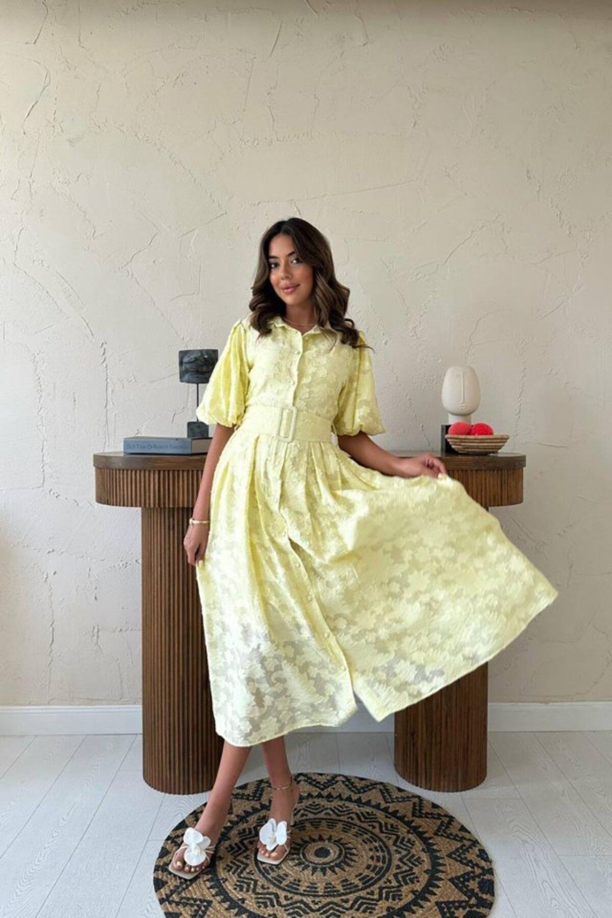 ETİLER COLLECTION Sarı Kemerli Balon Kollu Elbise