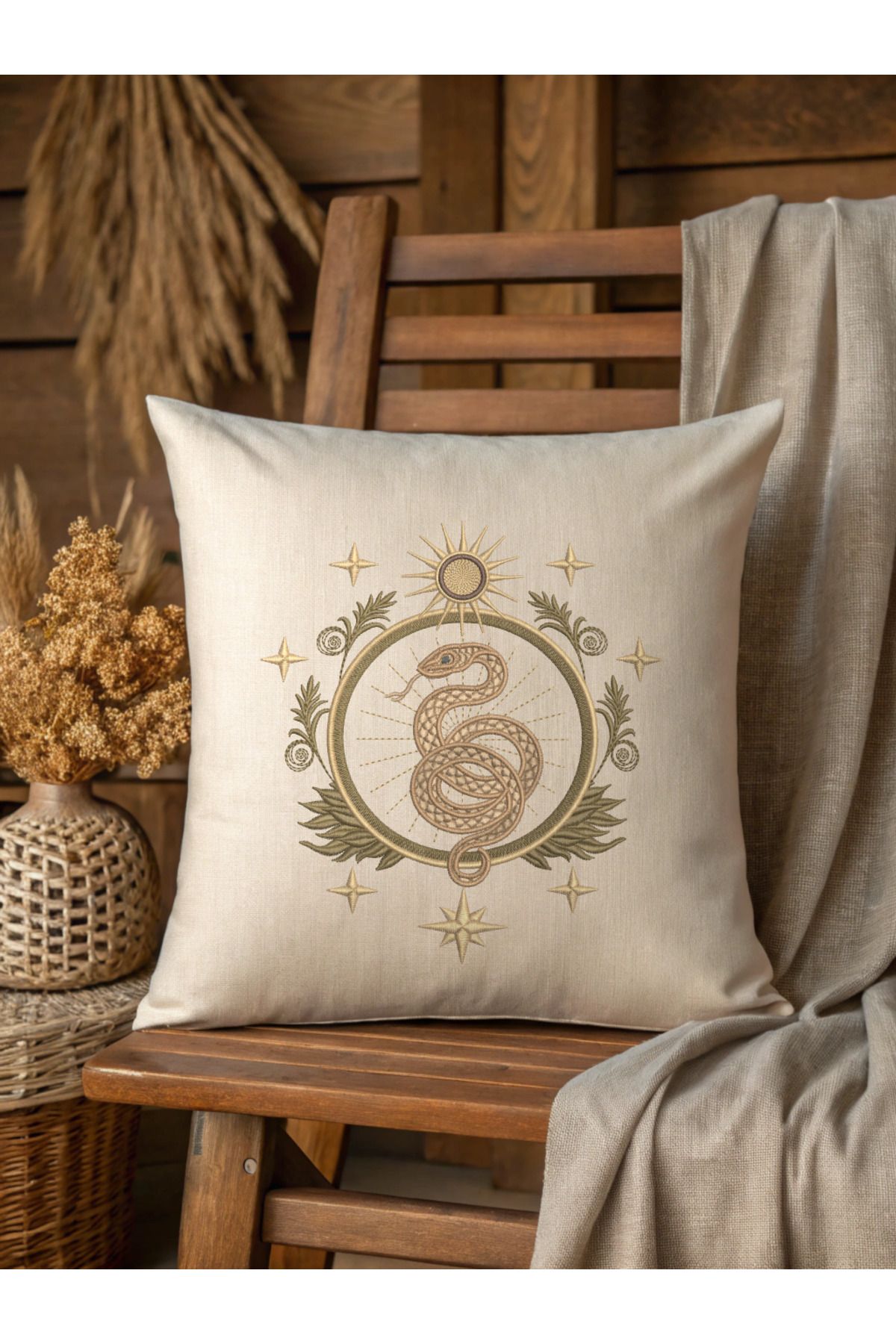 Misue Handmade Nakışlı Kırlent Kılıfı, %100 Pamuk Doğa Dostu, 43x43cm Kırlent Kılıfı, Dekoratif Nakışlı Kırlent