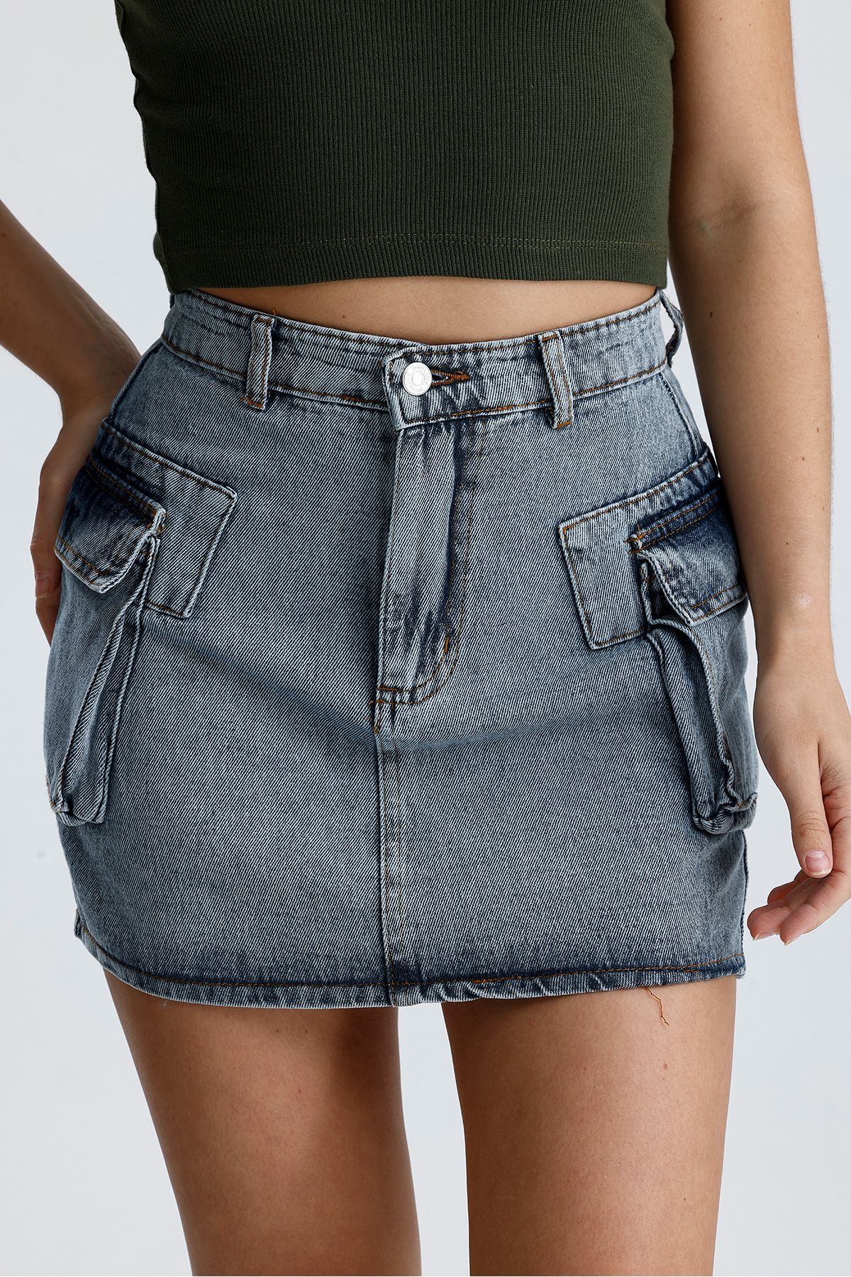 VOSSAX Kadın Jeans Kargo Cep Mini Kot Etek