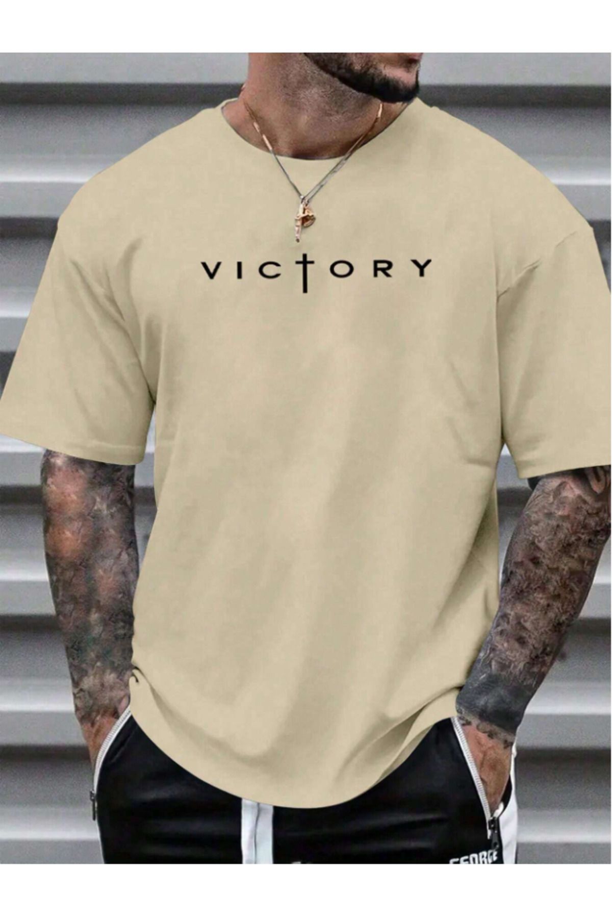 Framgan Erkek VİCTORY 'ZAFER' Özel Baskılı Günlük Kısa Kol Bisiklet Yaka Pamuklu T-Shirt