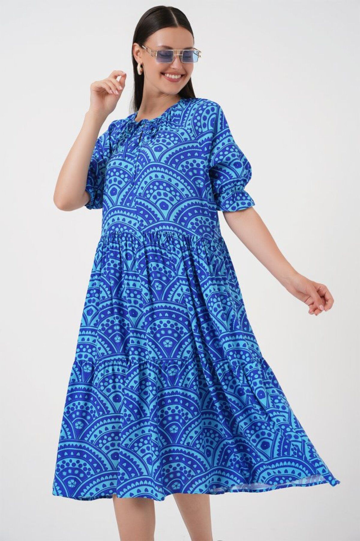 ETİLER COLLECTION Kısa Kol Desenli Elbise 2553 - Saks