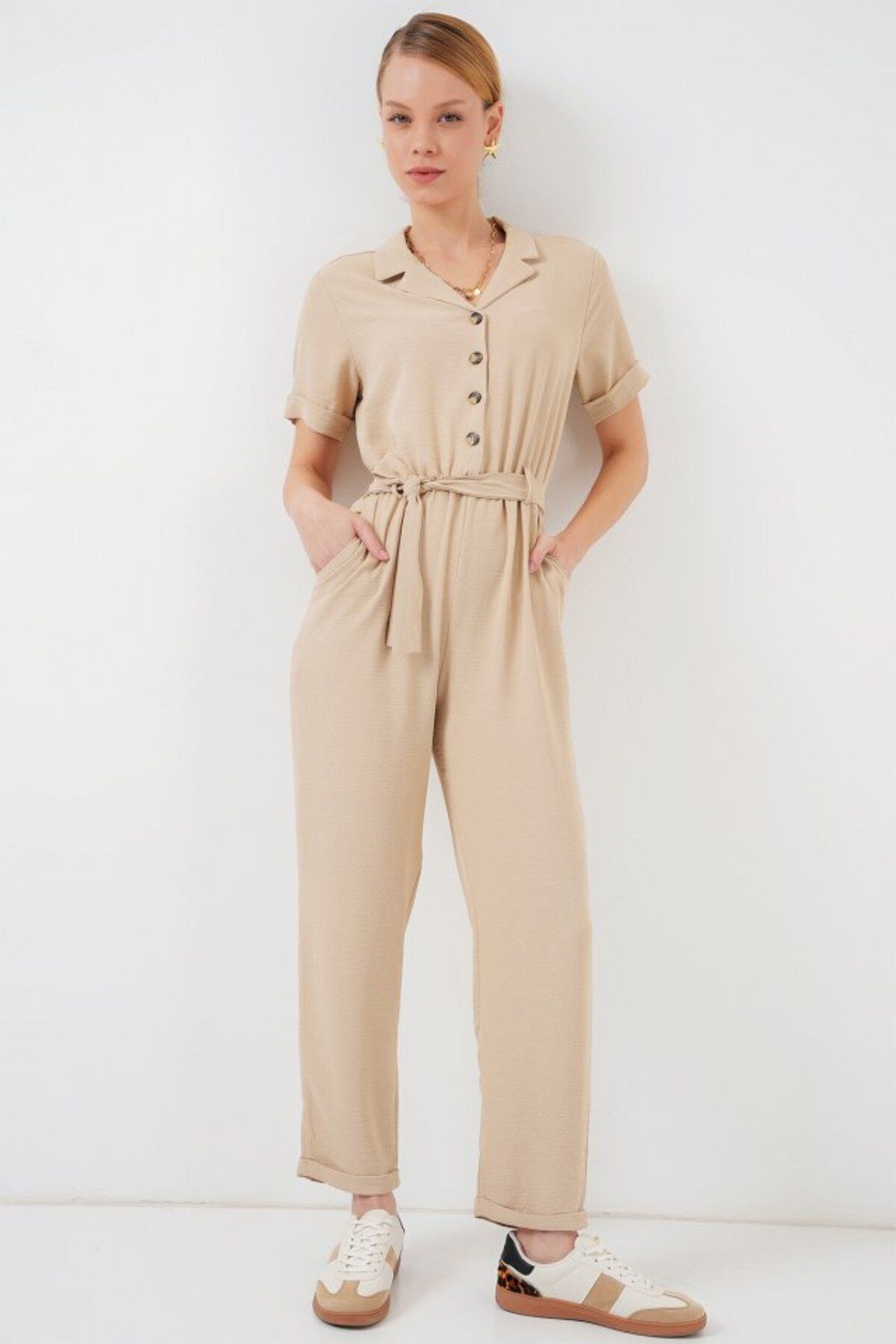 ETİLER COLLECTION Kısa Kol Ayrobin Tulum 7030 - Krem