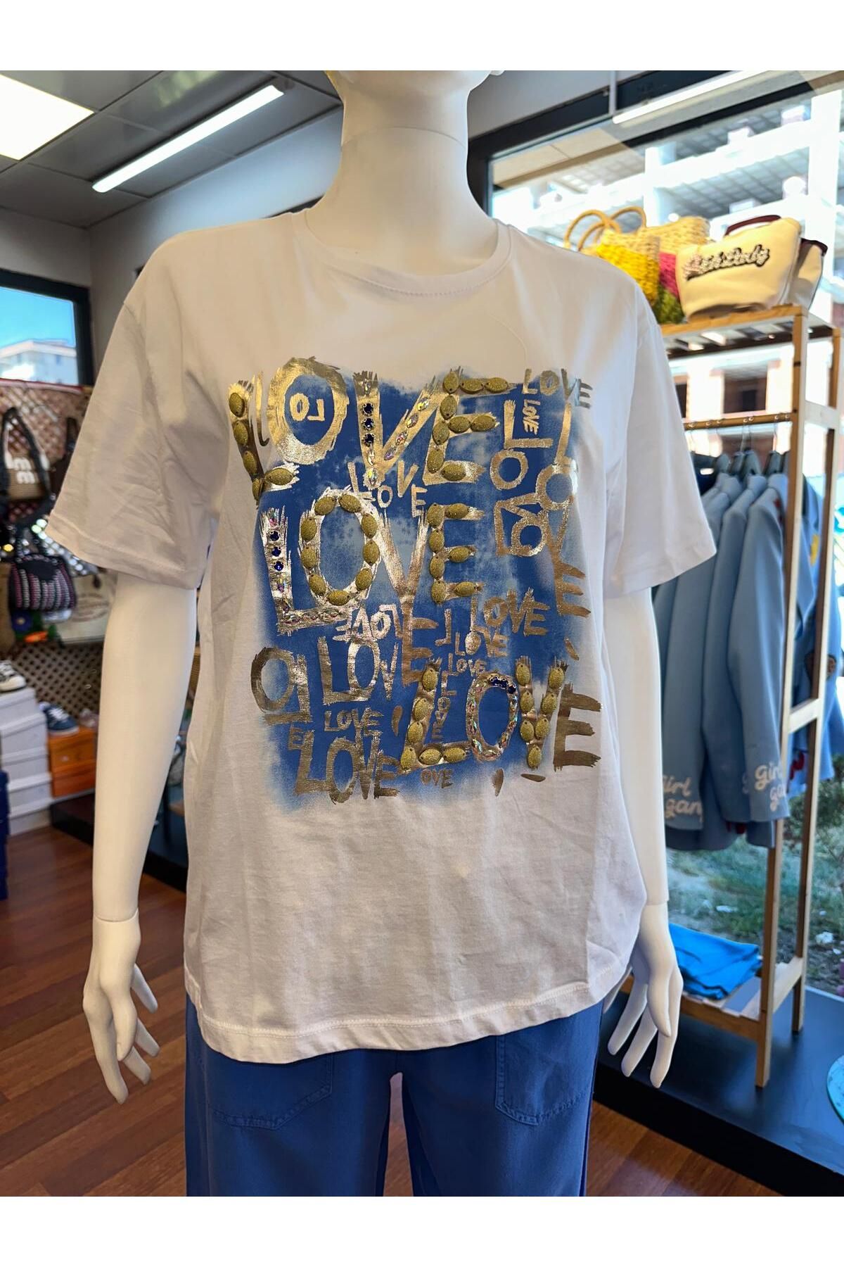 DOLCE QUEEN Kadın Love Baskılı Yaldızlı %100 Pamuklu T-Shirt
