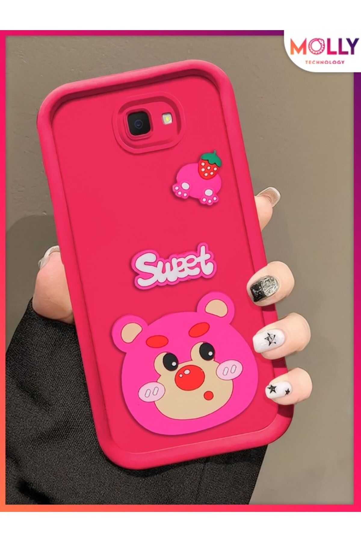 Molly Samsung Galaxy J4 PLUS İçin Magenta Kenarları Kalın 3d Kabartmalı Çilek Ayı Silikon Kılıf