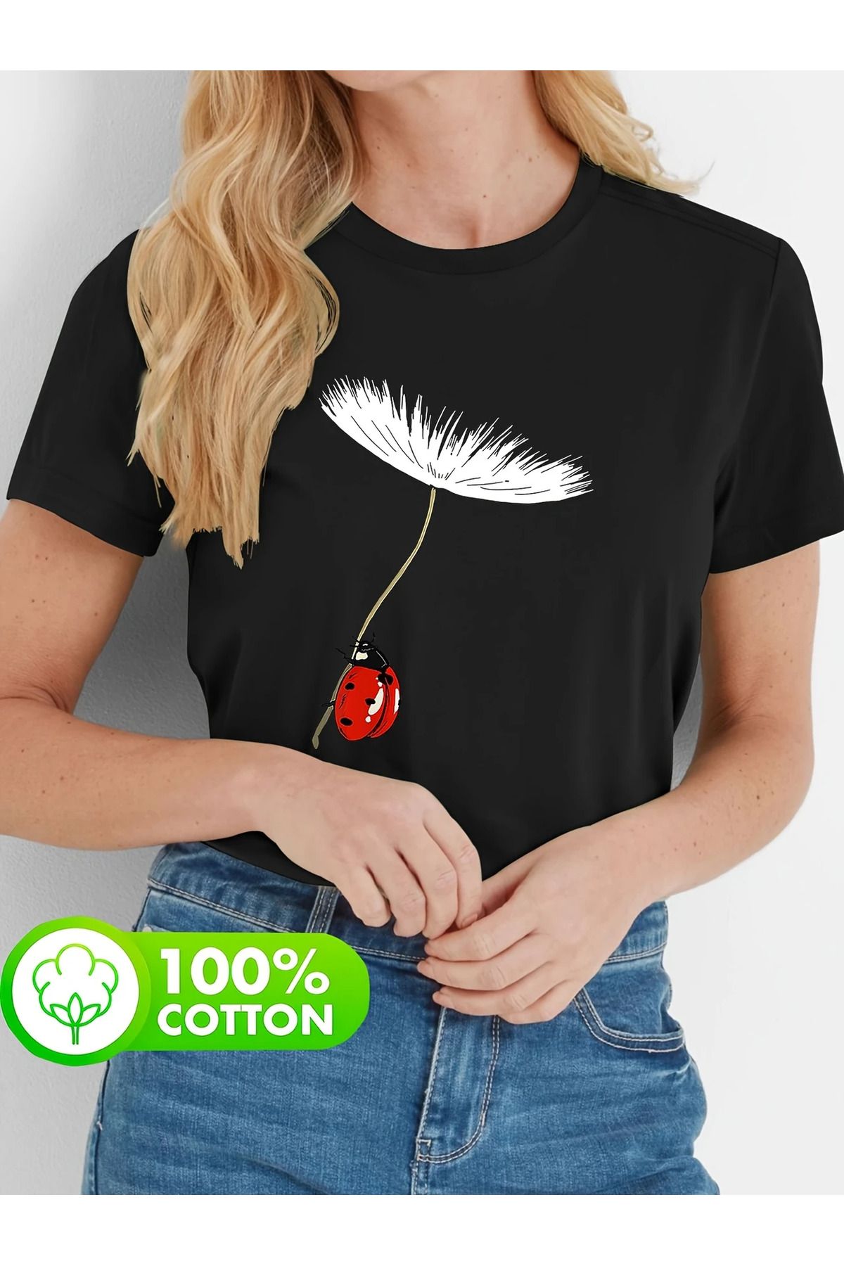 MAGORS UĞUR BÖCEĞİ BASKILI BİSİKLET YAKA PAMUKLU KISA KOLLU KADIN VE ÇOCUK TSHIRT