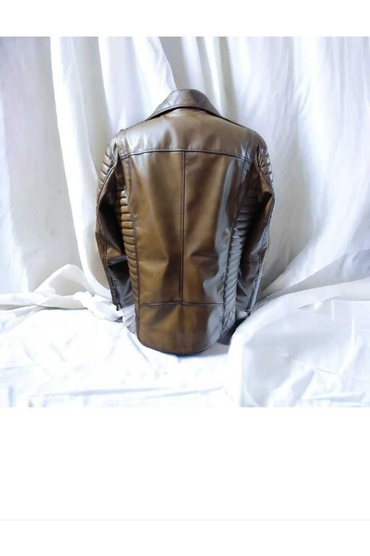 MİRENA LEATHER Erkek Kruvaze Yaka Kahverengi Biker Hakiki Deri Ceket