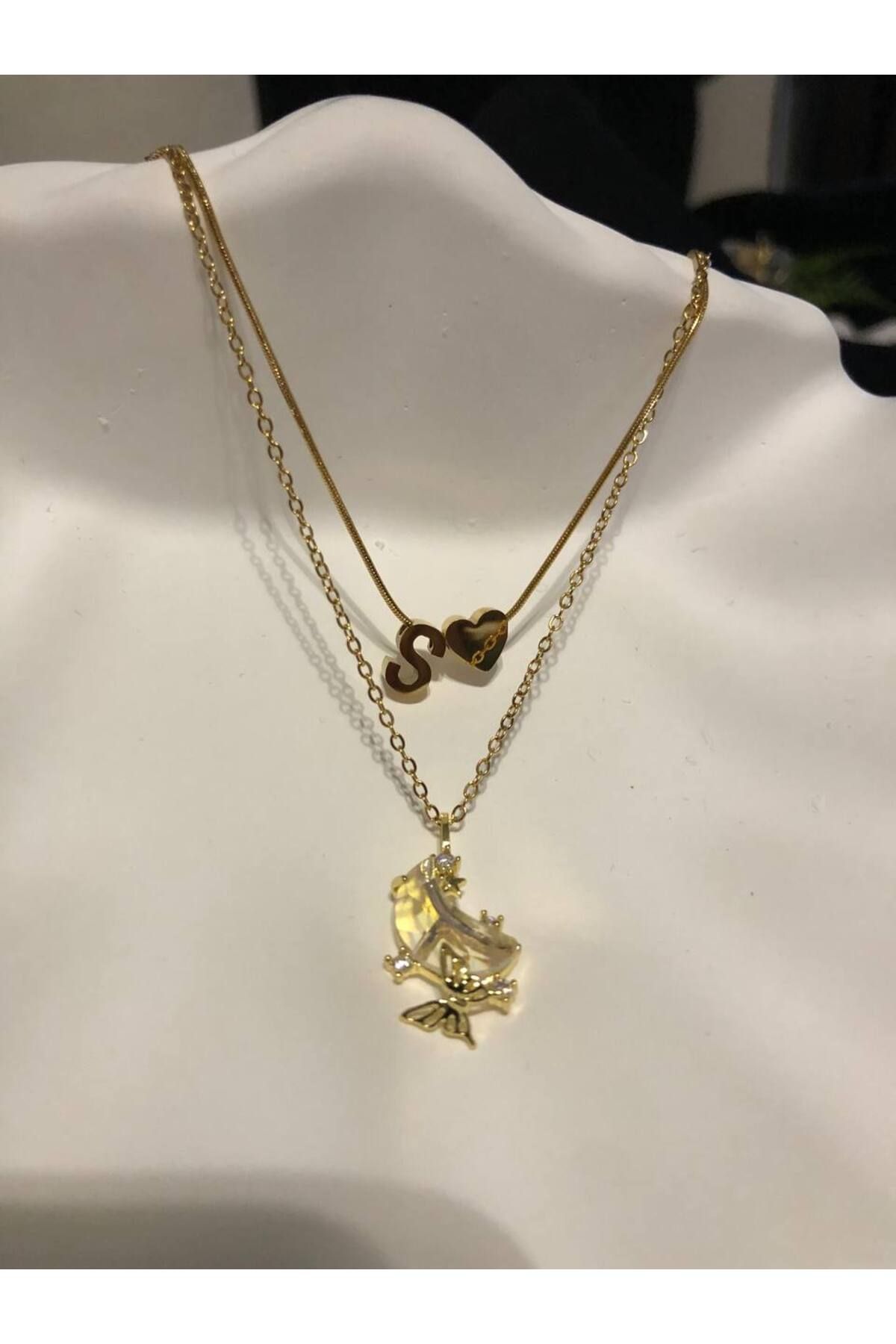Gold Pırlanta Bijuteri kalpli s harf isim çelik kolye