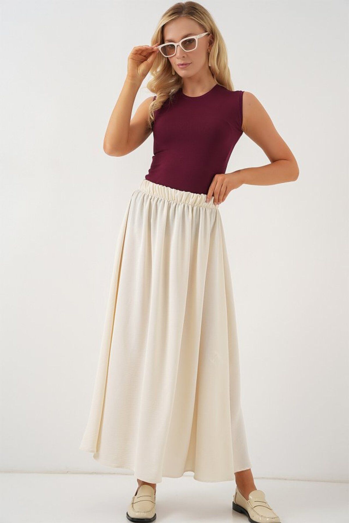 ETİLER COLLECTION Uzun Ayrobin Etek 8050 - Krem
