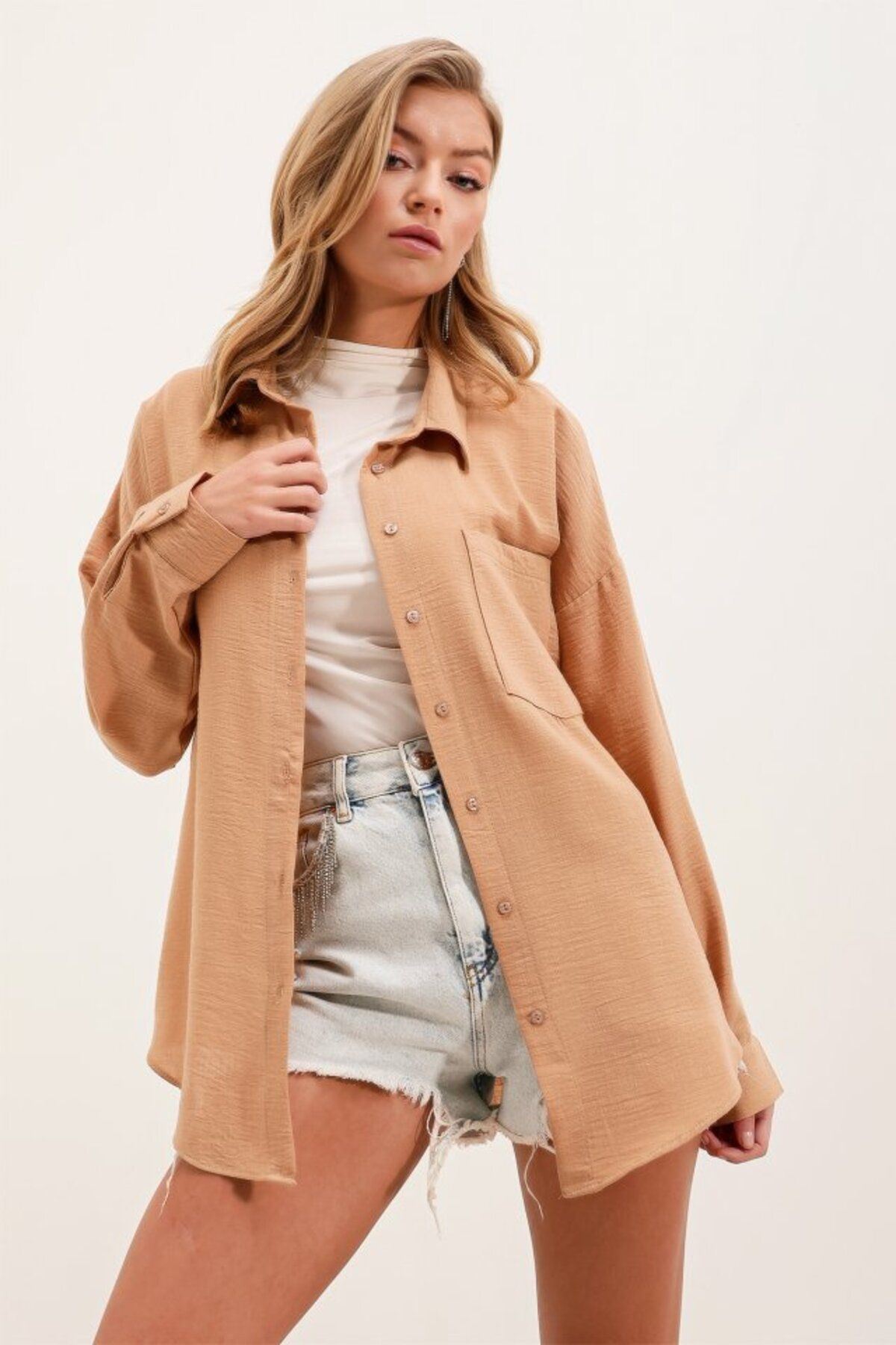 ETİLER COLLECTION 20153 Tek Cepli Oversize Keten Gömlek - Bisküvi