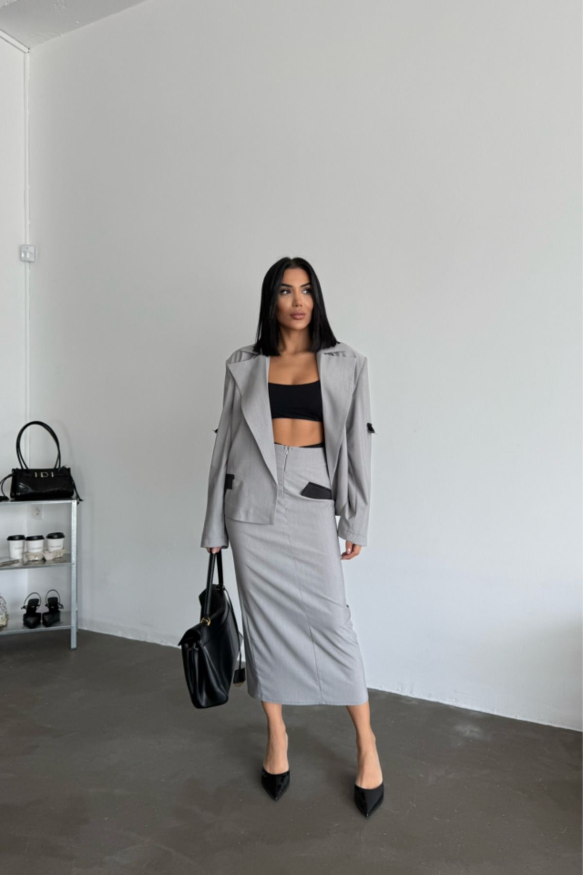 ETİLER COLLECTION CROP CEKET - ETEK TAKIM - Gri
