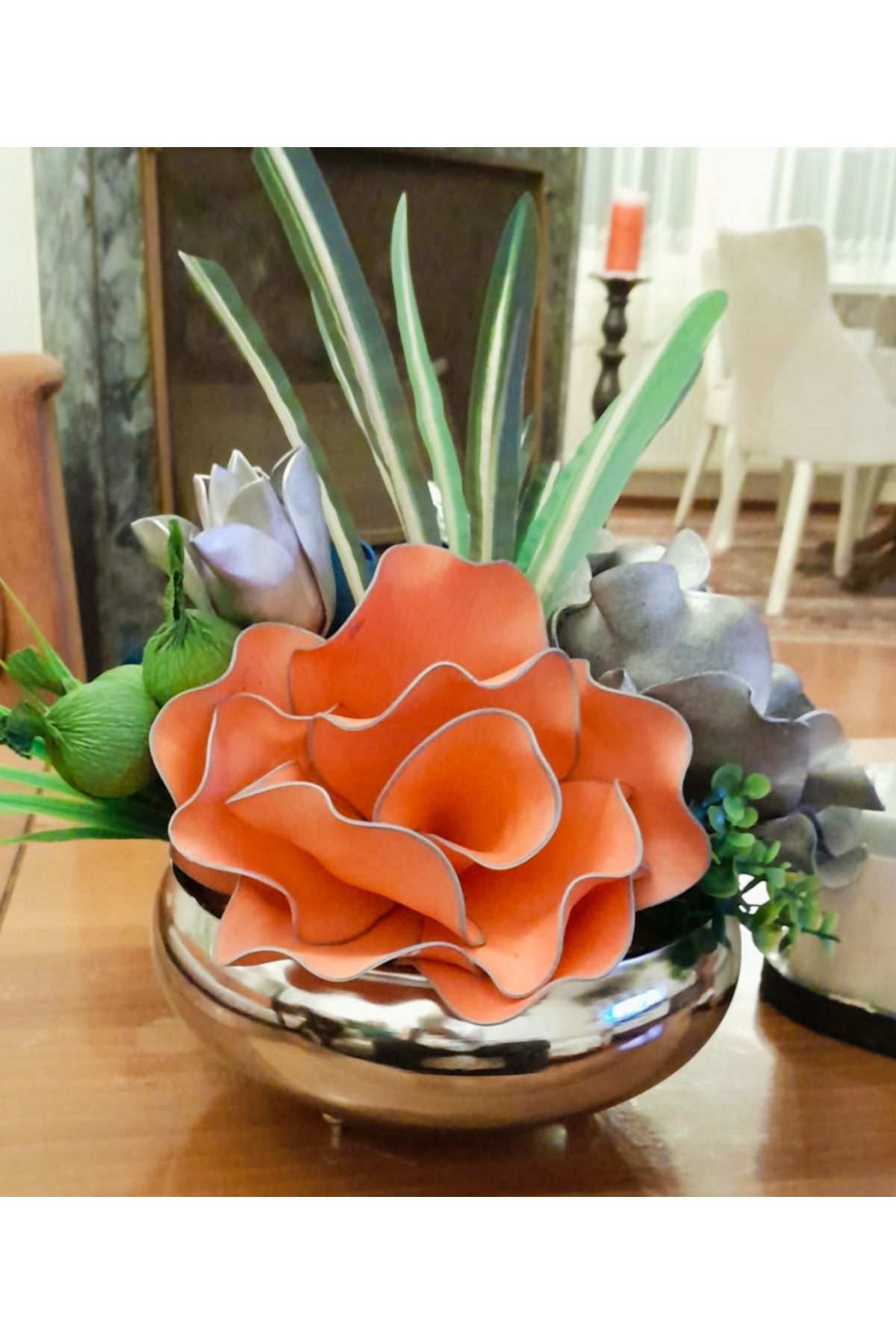 Hatem dekor flower Yapay çiçek lateks latex gümüş renk metal vazoda yapay çiçek aranjman hediye dekoratif ürün