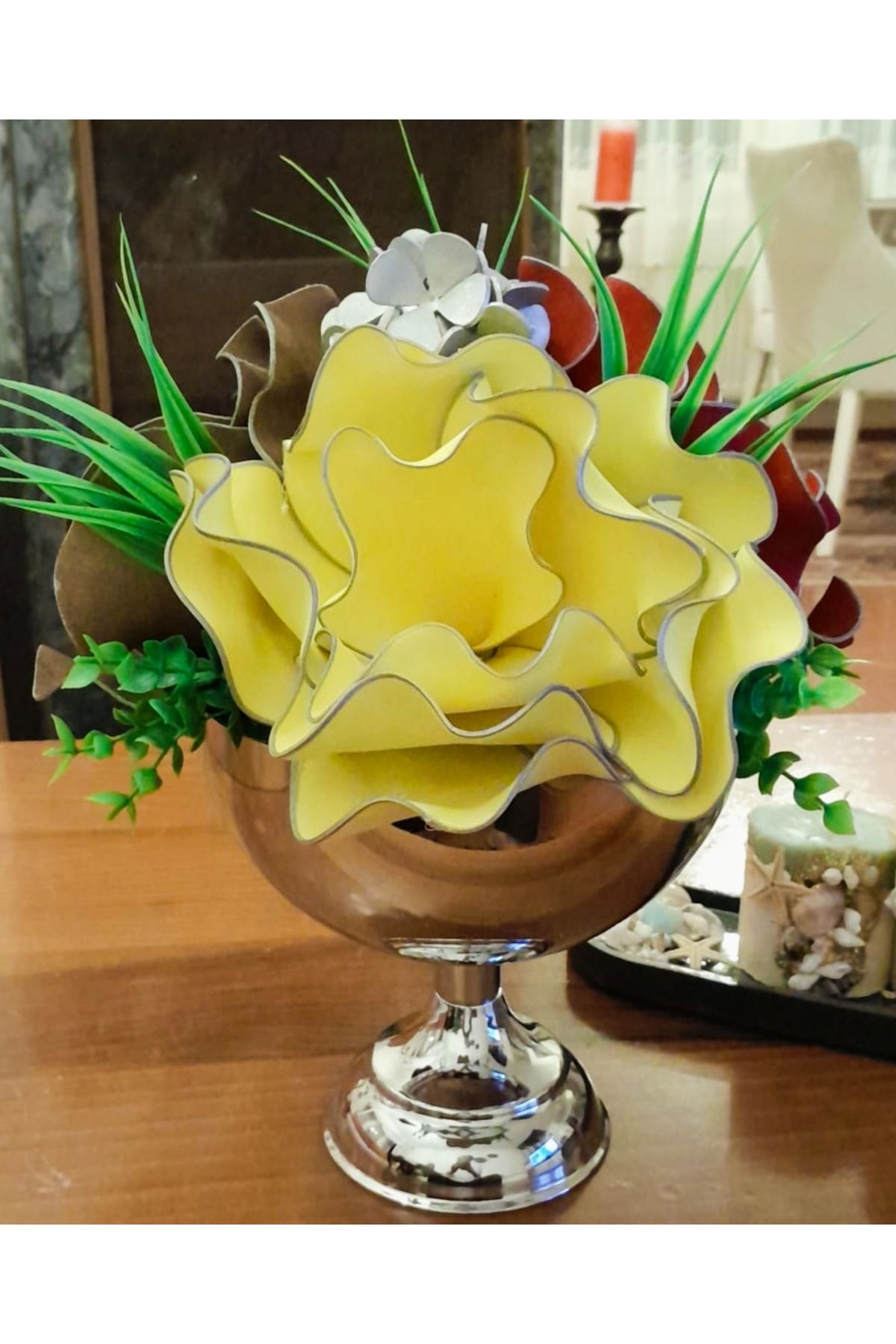 Hatem dekor flower Yapay çiçek lateks latex ayaklı gümüş renk metal vazoda yapay çiçek aranjman hediye dekoratif
