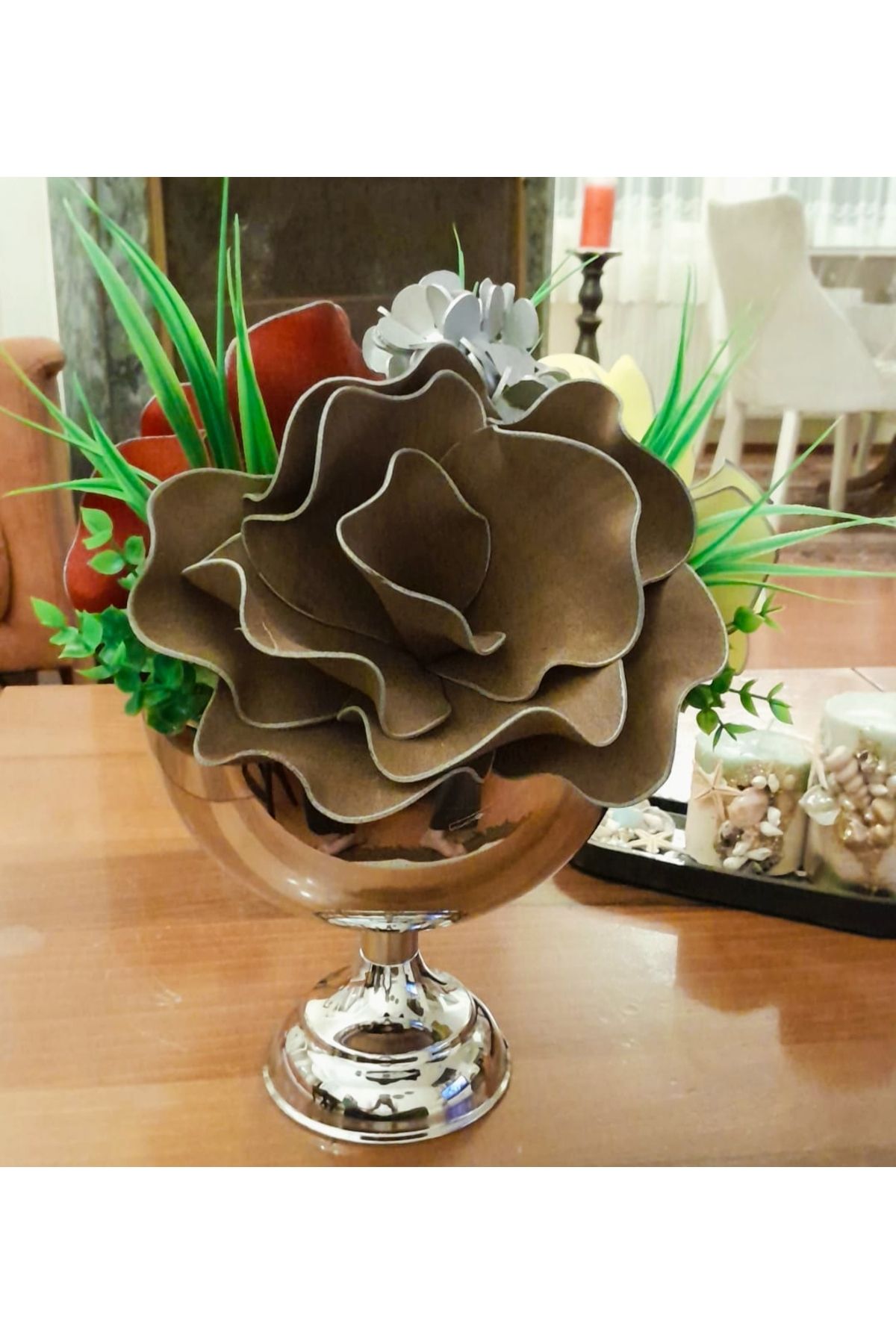 Hatem dekor flower Yapay çiçek lateks latex ayaklı gümüş renk metal vazoda lateks çiçek aranjman hediye dekoratif ürün