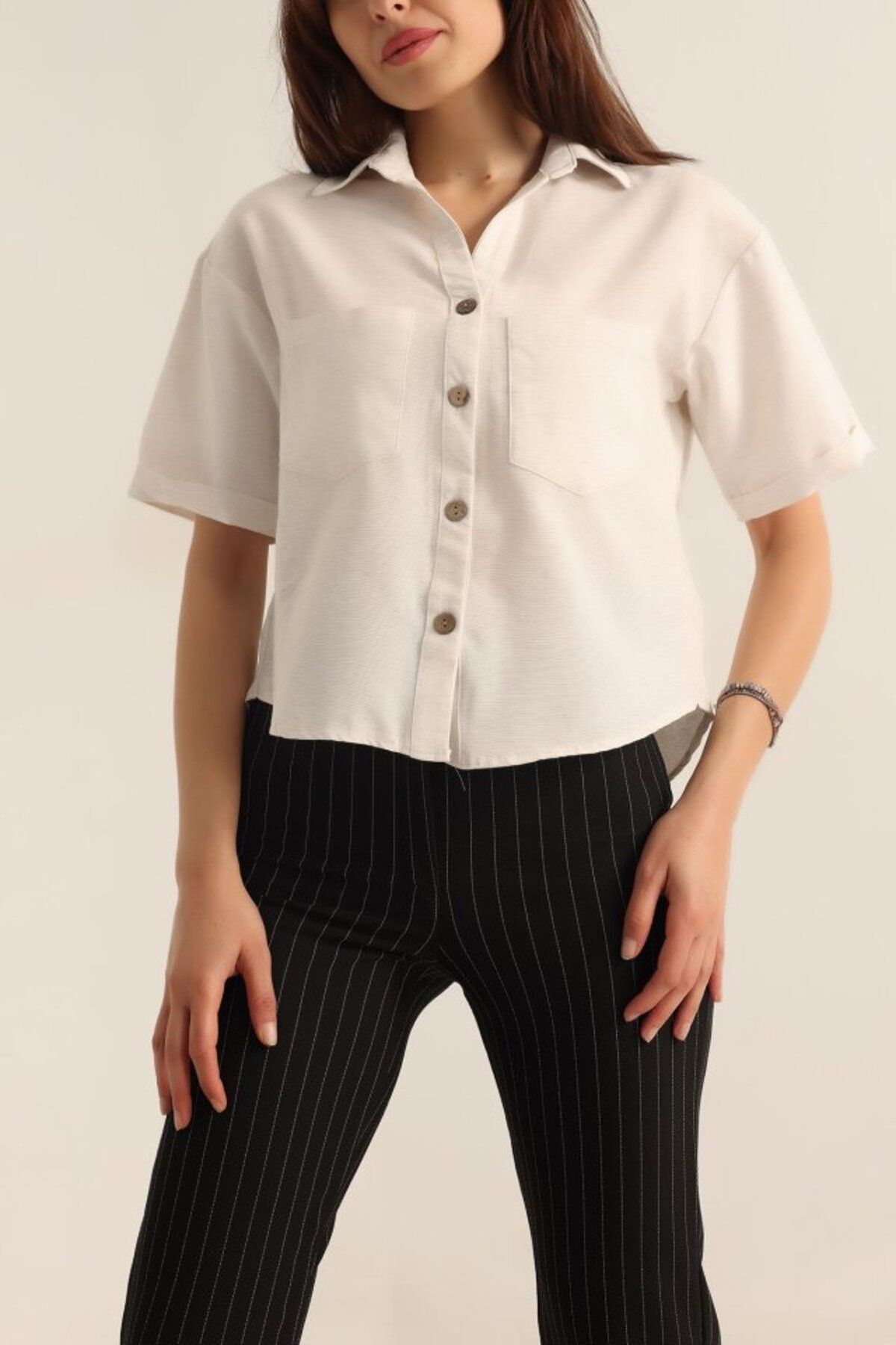 ETİLER COLLECTION 20180 Çift Cepli Keten Gömlek - Taş