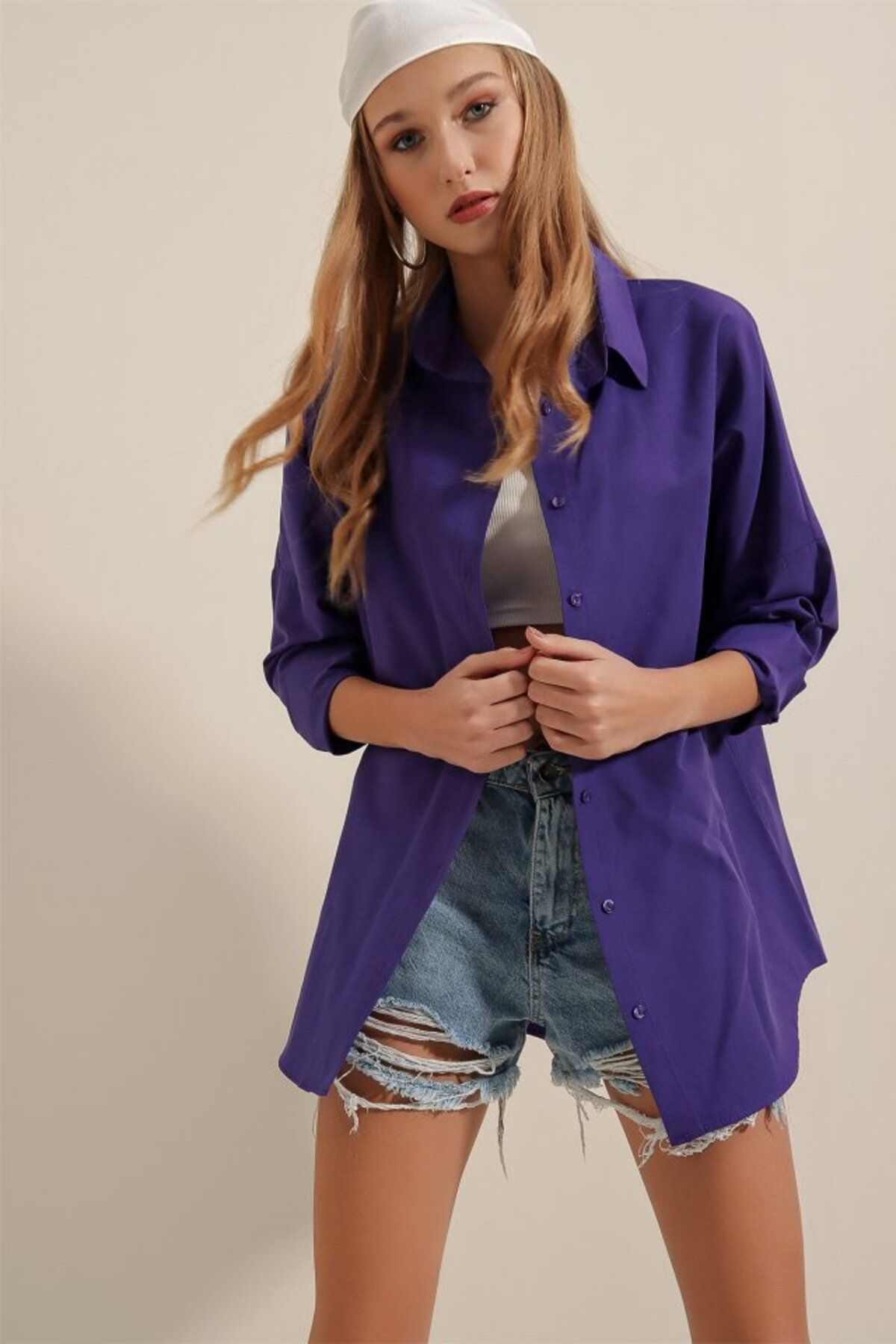 ETİLER COLLECTION 3900 Oversize Uzun Basic Gömlek - Mor