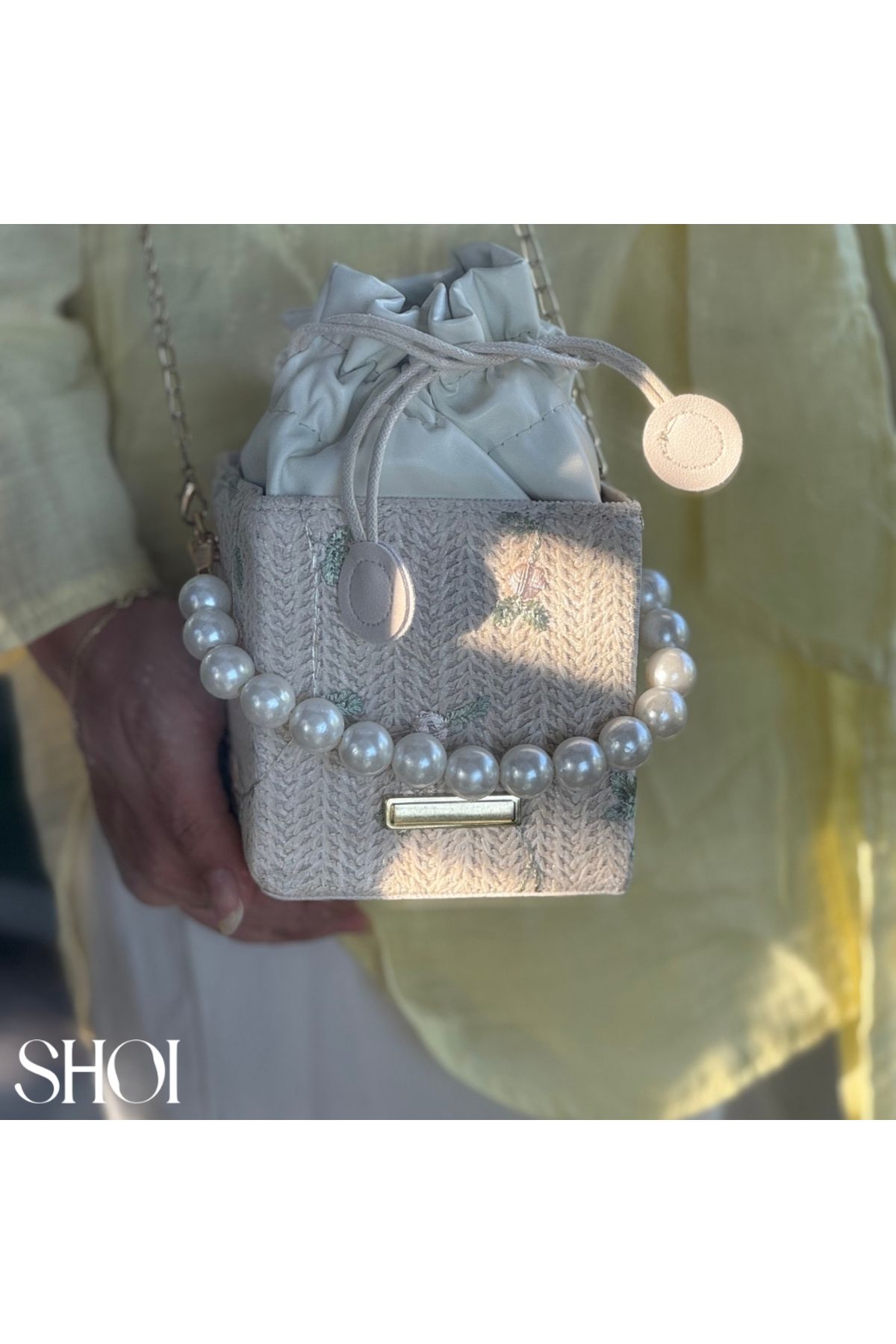 Shoi Pearl Bag Hasır Örme İnci Detaylı Kare Çanta