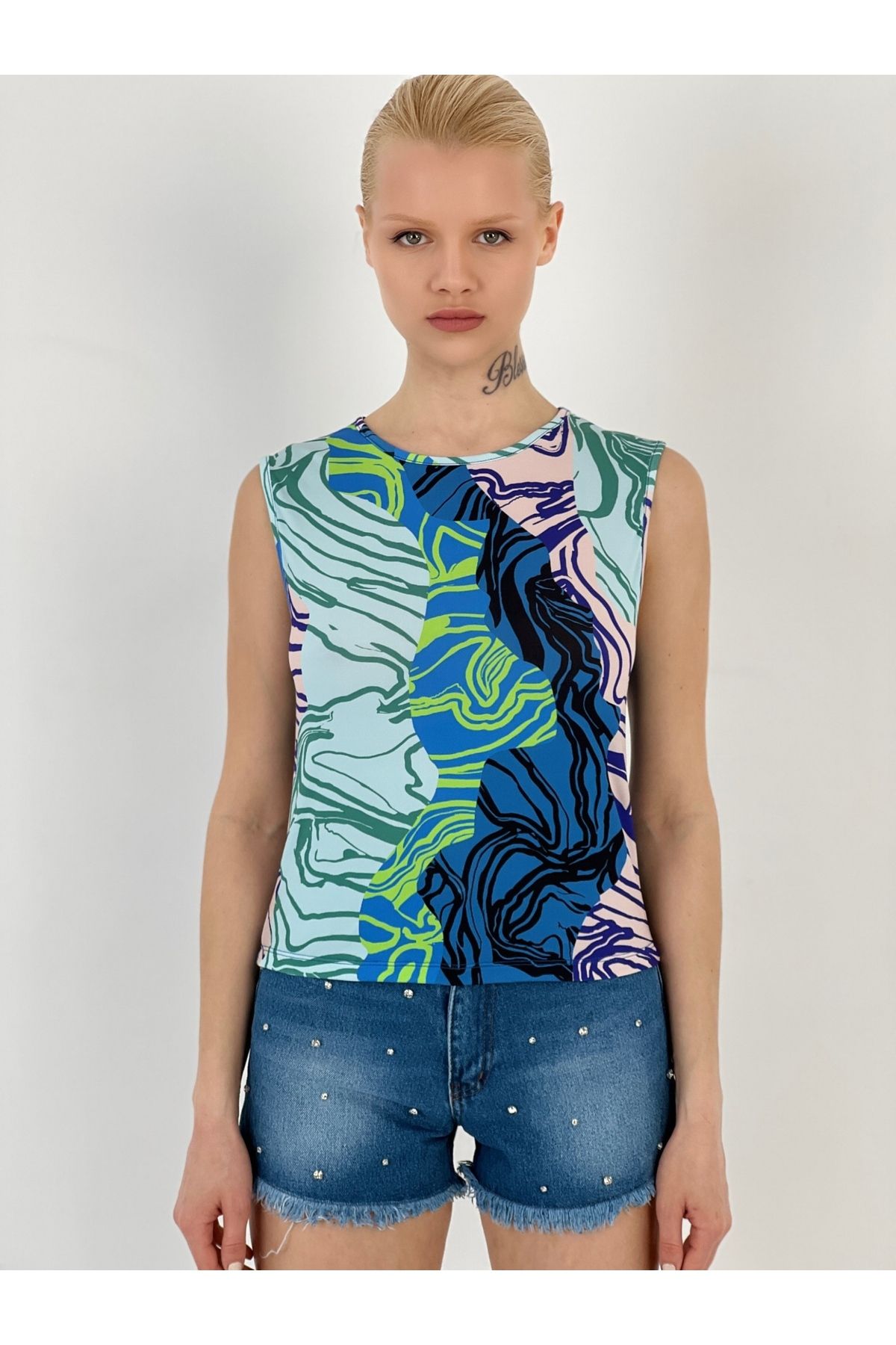 Miss Poem Kadın Mavi Renkli Modern Desen Atlet